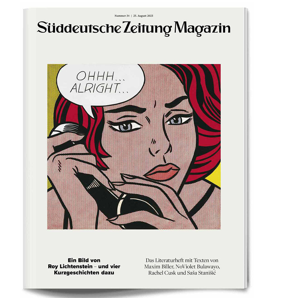 Titelbild einer Zeitschrift mit Roy Lichtenstein-Pop-Art, die eine Frau am Telefon zeigt, die "Ohhh... Alright" sagt.