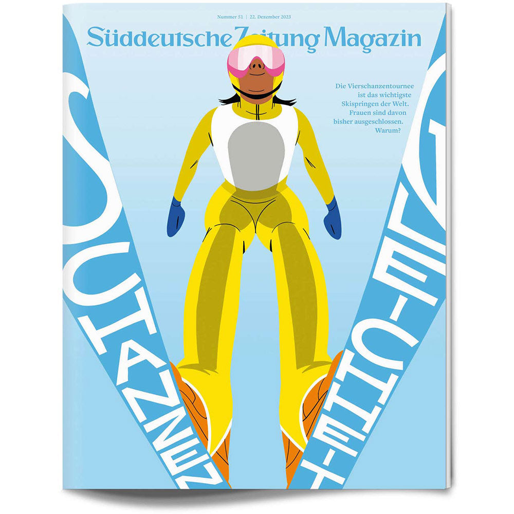 Illustration eines Skispringers im gelben Anzug auf der Titelseite einer Zeitschrift mit der Aufschrift Gleichheit auf den Skiern.