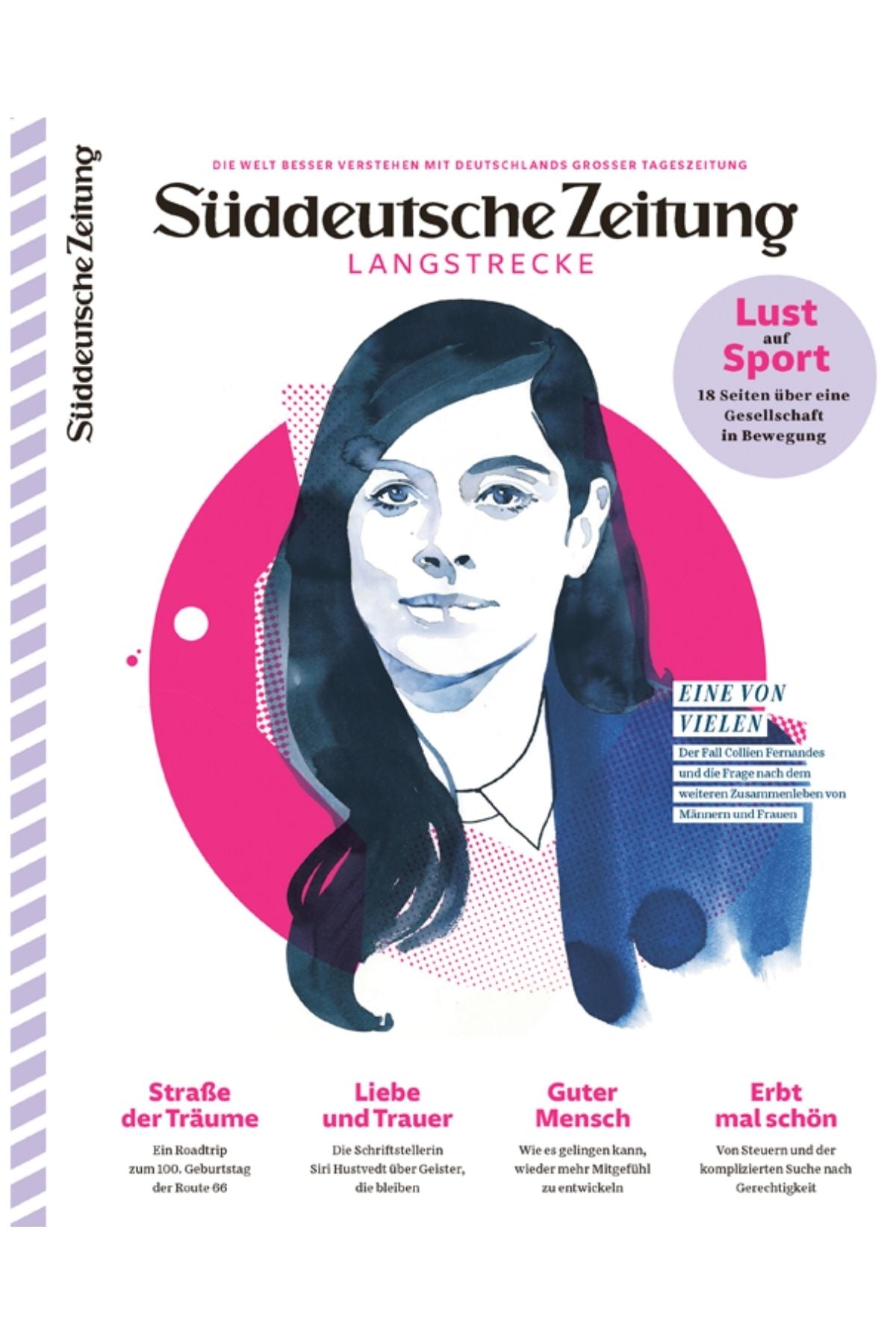 Titelseite des Magazins der Süddeutschen Zeitung Langstrecke mit dem illustrierten Porträt einer Frau und Texten zu den Themen Sport, Träume, Trauer, Freundlichkeit und Erbe.