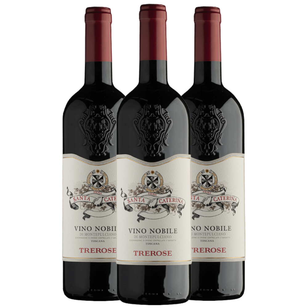 Drei Flaschen des Rotweins Santa Caterina Vino Nobile di Montepulciano mit cremefarbenen Etiketten.