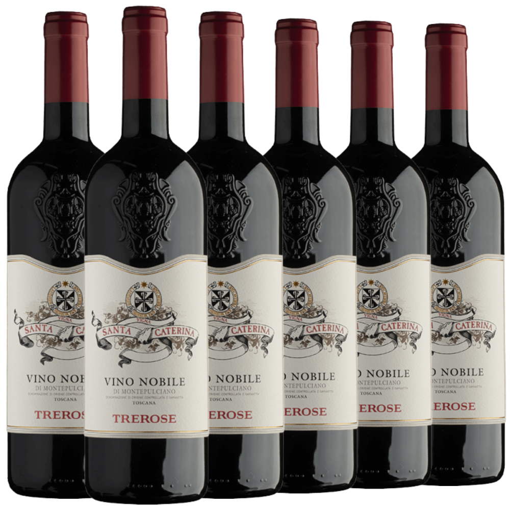 Sechs Flaschen Santa Caterina Vino Nobile di Montepulciano Rotwein mit rotem Verschluss in einer Reihe.