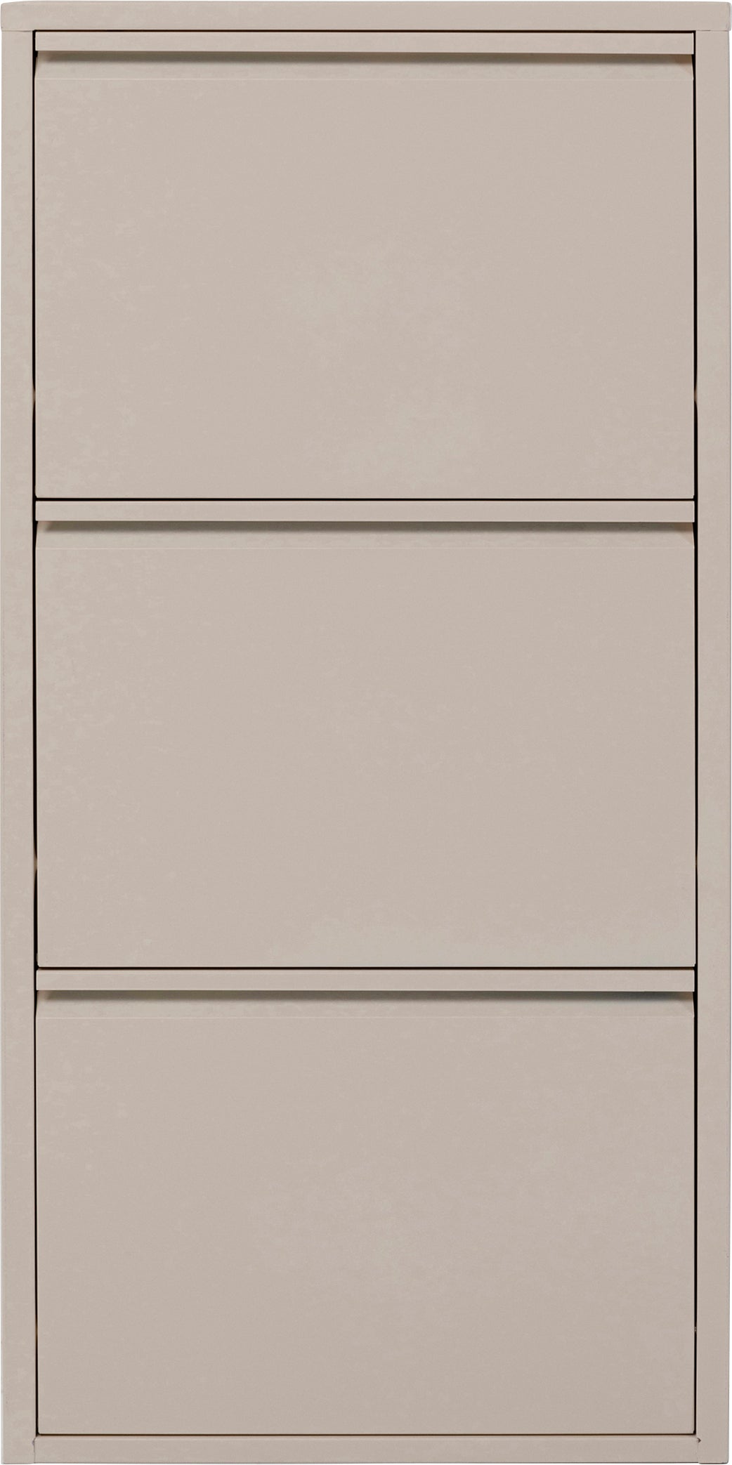 Ein beiger Schuhschrank mit drei Schubladen und einem einfachen, modernen Design.