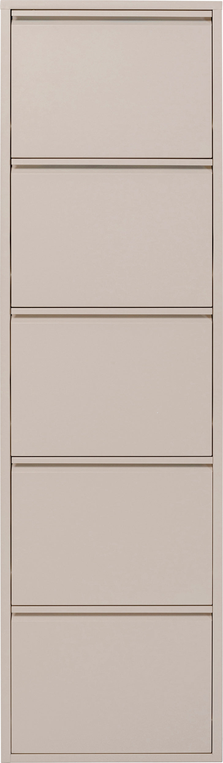 Eine hohe, beigefarbener Schuhschrank mit fünf Schubladen und einem minimalistischen, modernen Design.