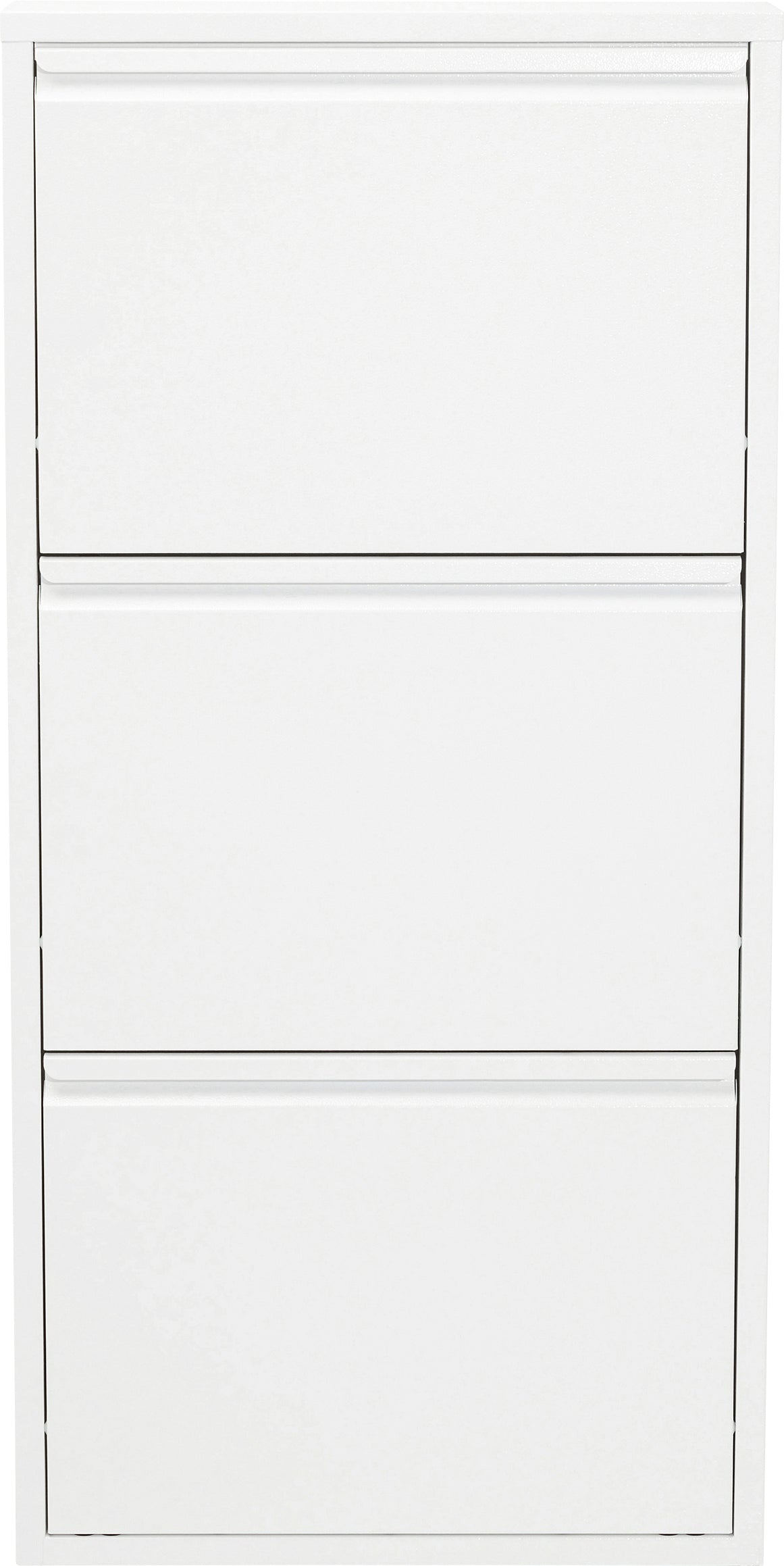 Ein weißer Schuhschrank mit drei Schubladen und einem einfachen, minimalistischen Design.