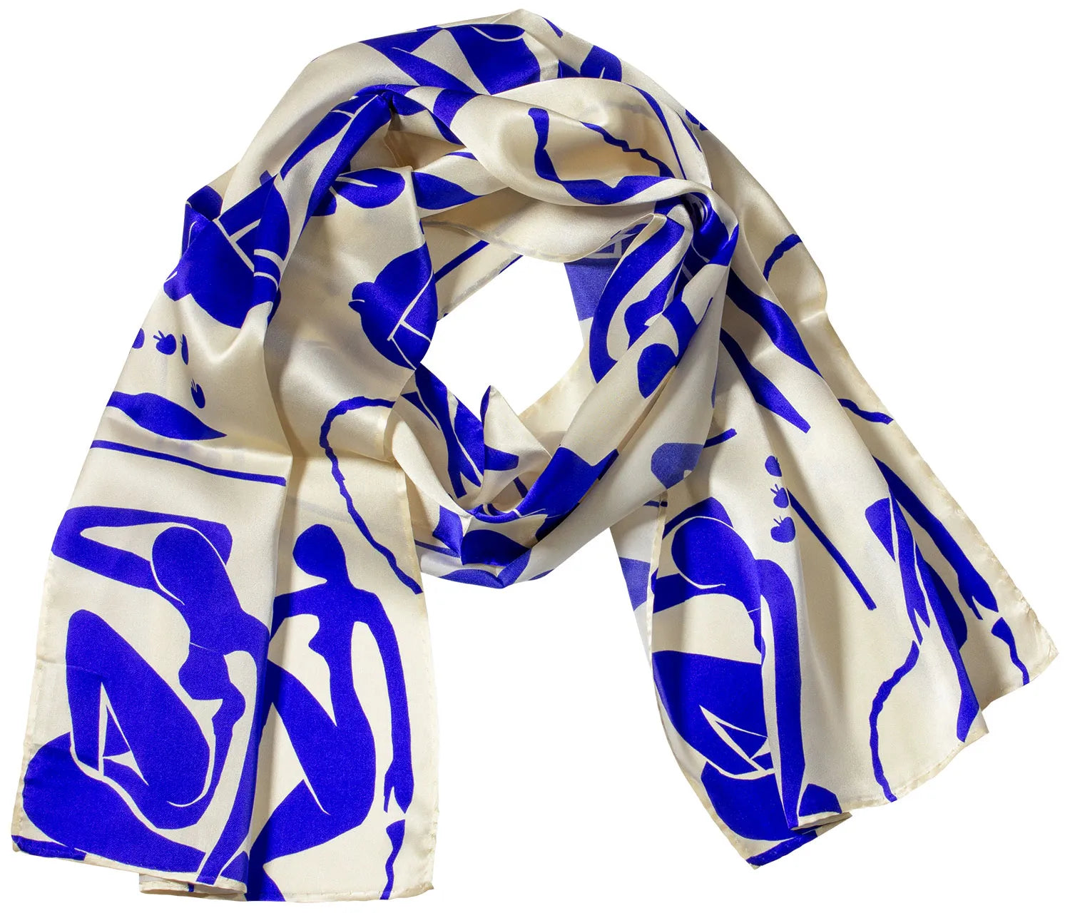 Seidenschal „Henri Matisse: Seidenschal ‚Blauer Akt II‘ (1952)“ mit blauen abstrakten Figurenmustern auf weißem Hintergrund.