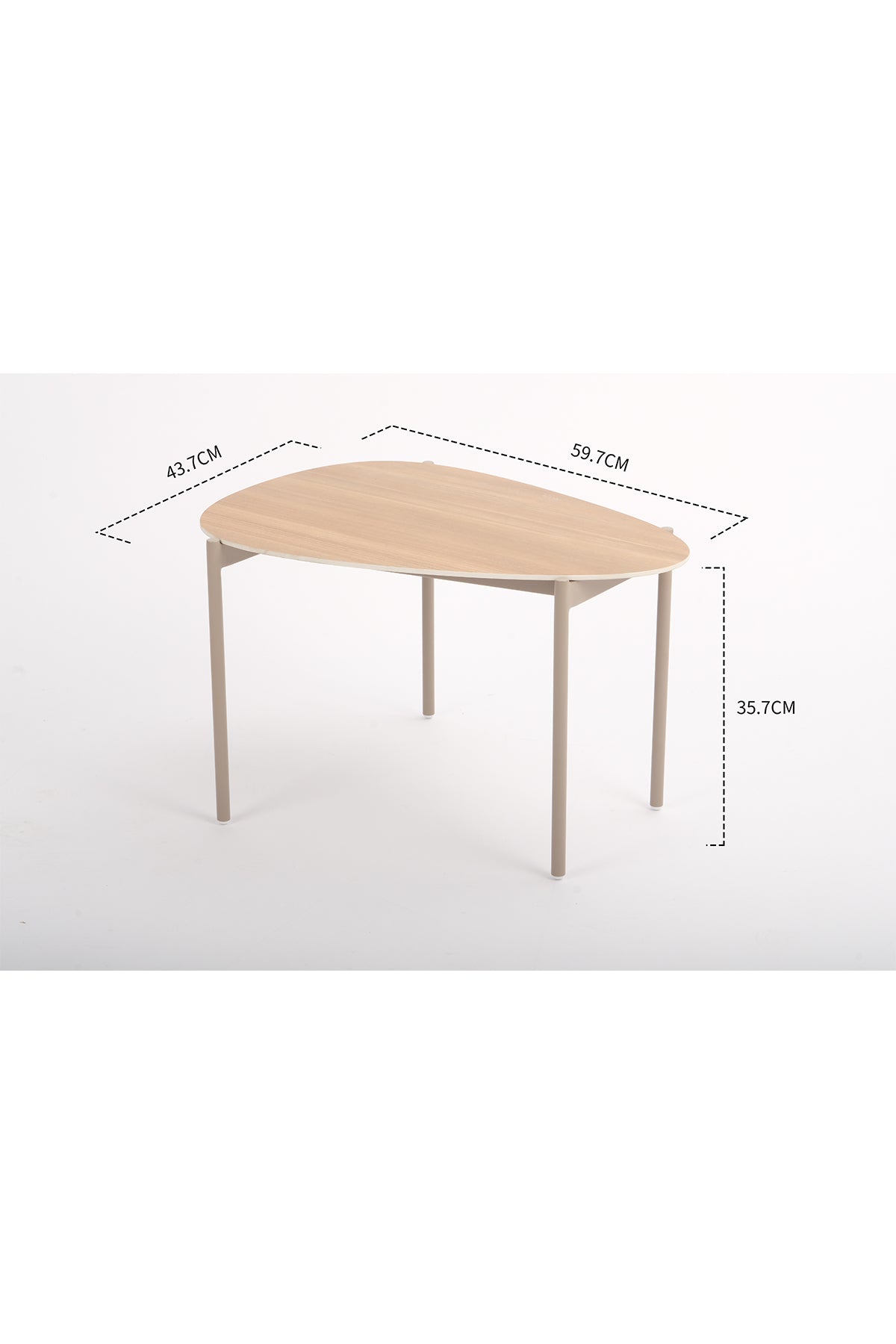 Ein dreibeiniger Holztisch mit abgerundeten Kanten ist auf weißem Hintergrund abgebildet; die Maße sind mit 43,7 cm, 59,7 cm und 35,7 cm angegeben.