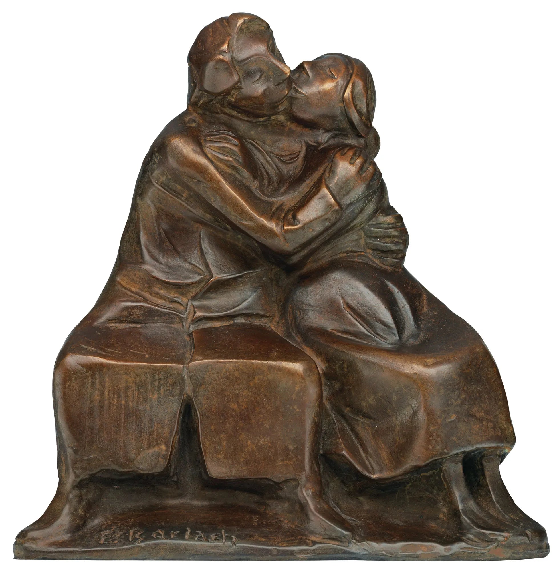 Bronzeskulptur von zwei Personen, die sich küssend umarmen und sich eng umschlingen.