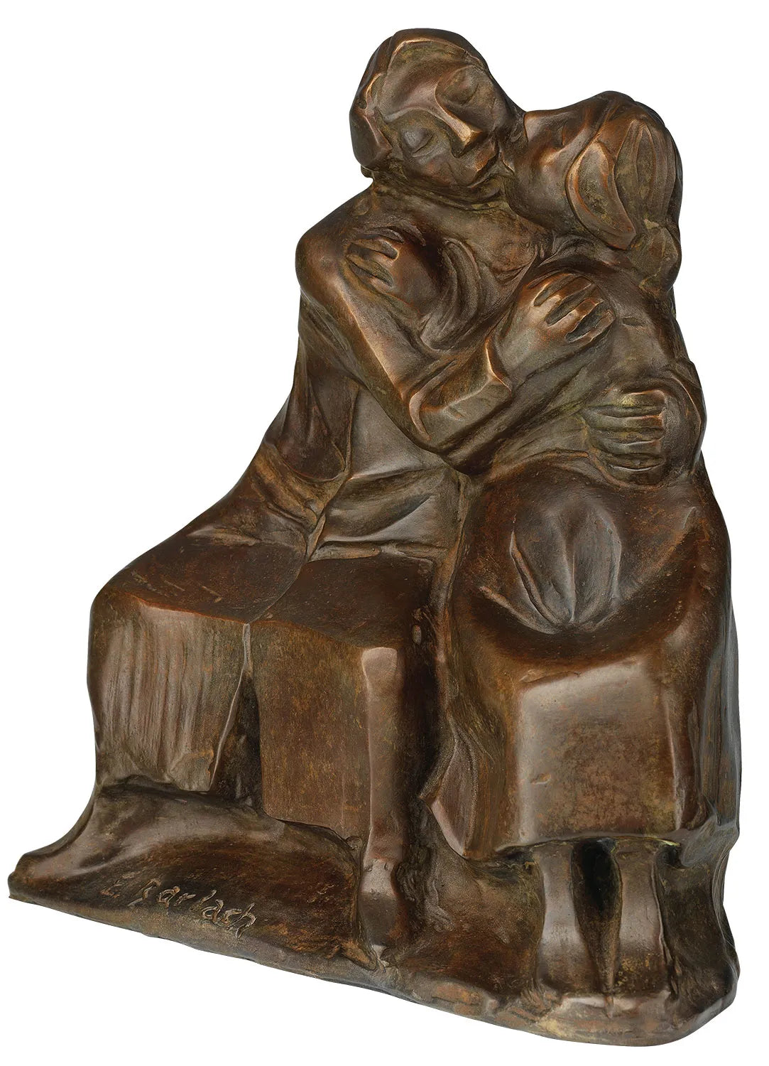 Bronzeskulptur zweier Menschen, die sich umarmen, während sie auf einer Bank sitzen und Zuneigung und Nähe zeigen.