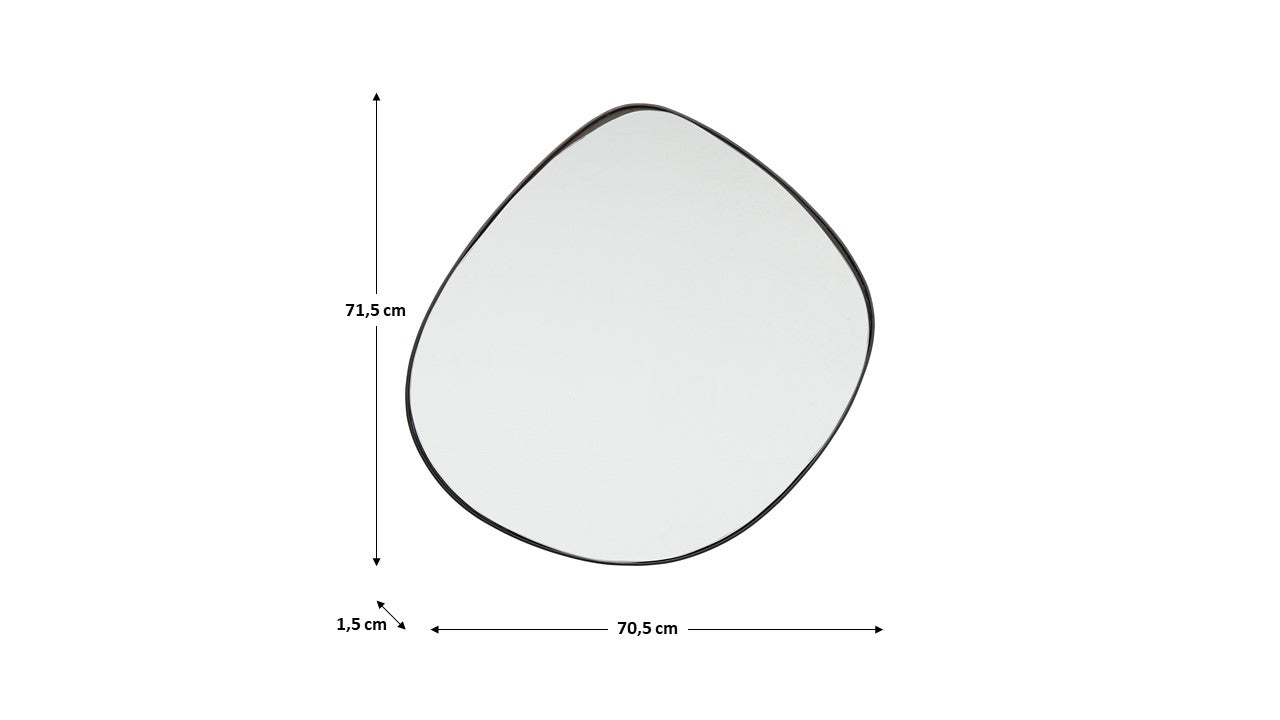 Asymmetrischer Spiegel mit schwarzem Rahmen, Maße: 71,5 cm hoch, 70,5 cm breit, 1,5 cm dick.