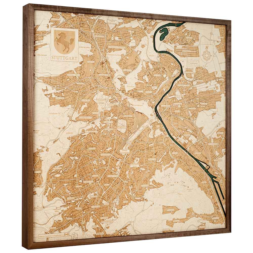 Gerahmte Karte im Vintage-Stil von Stuttgart, Deutschland, mit Straßen, Flüssen und geografischen Details in Sepiatönen.