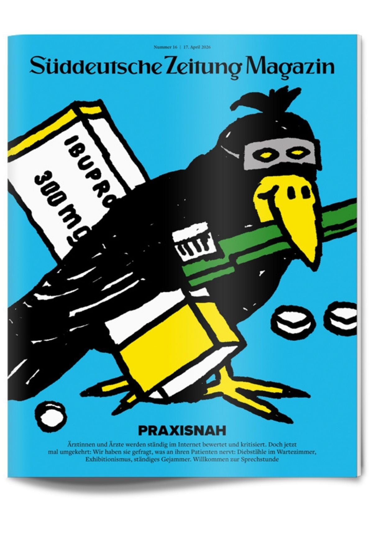 Ein schwarzer Cartoon-Vogel, der eine medizinische Maske trägt, hält ein Thermometer und eine Schachtel mit der Aufschrift Ibuprofen 300 mg im Schnabel, mit losen Pillen und einem Zeitschriftencover im Hintergrund.