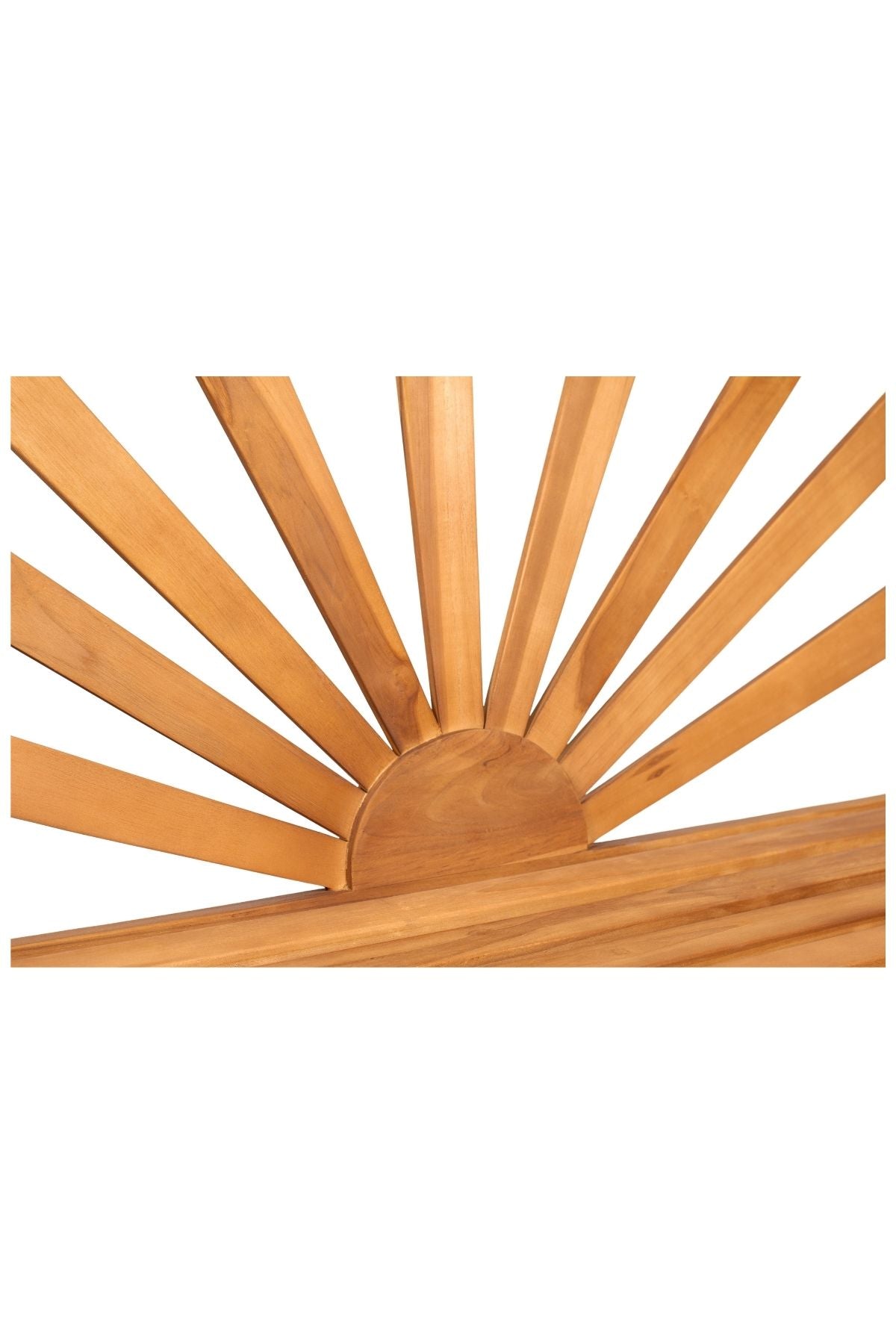 Kopfteil aus Holz mit halbrundem Sockel und strahlenförmig angeordneten Latten, die ein Sonnenschliffmuster auf weißem Grund bilden.