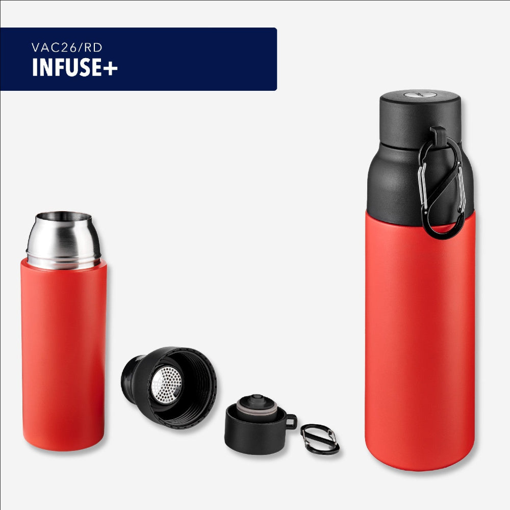 Rote isolierte Wasserflasche, die zusammengebaut und auseinandergenommen gezeigt wird, mit einem Sieb und einem schwarzen Schraubdeckel mit Trageclip.