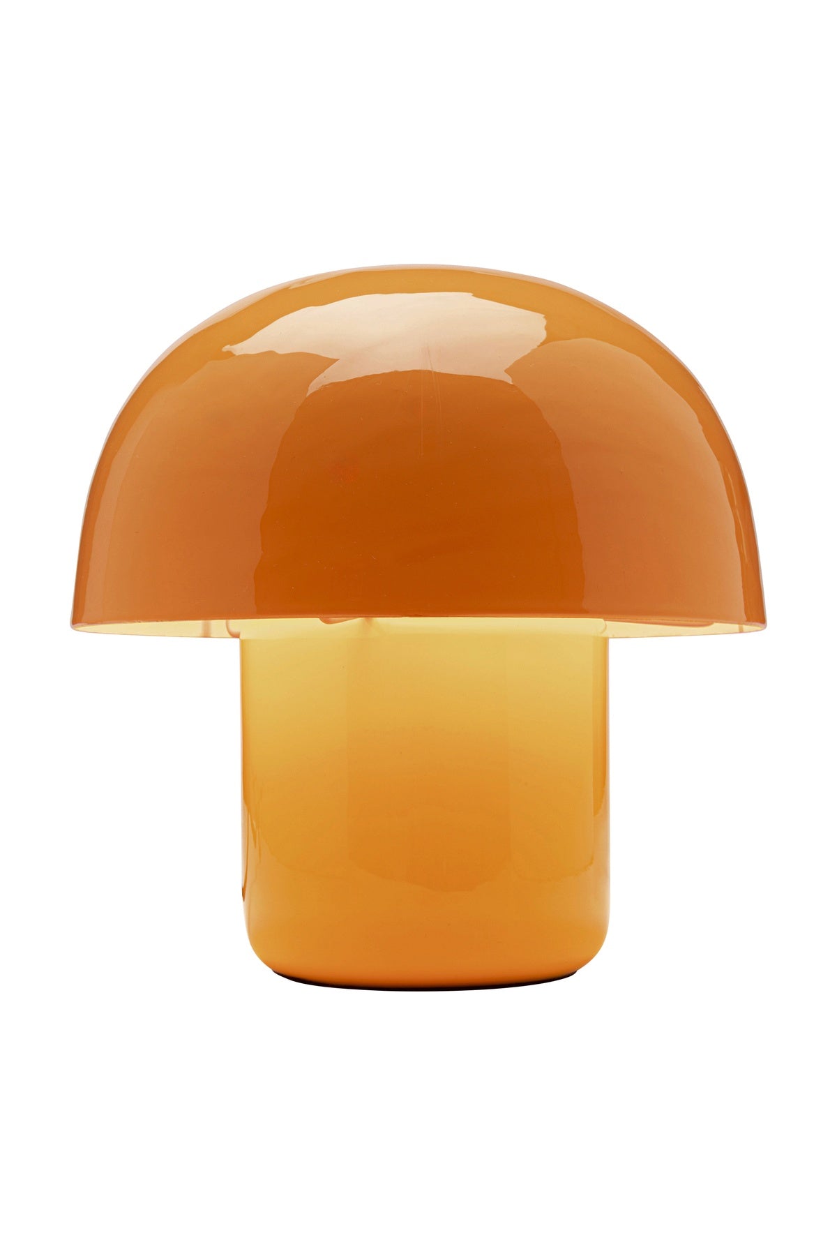 Tischleuchte mit einem orangefarbenen, glänzenden, pilzförmigen Schirm und Sockel vor einem schlichten weißen Hintergrund.