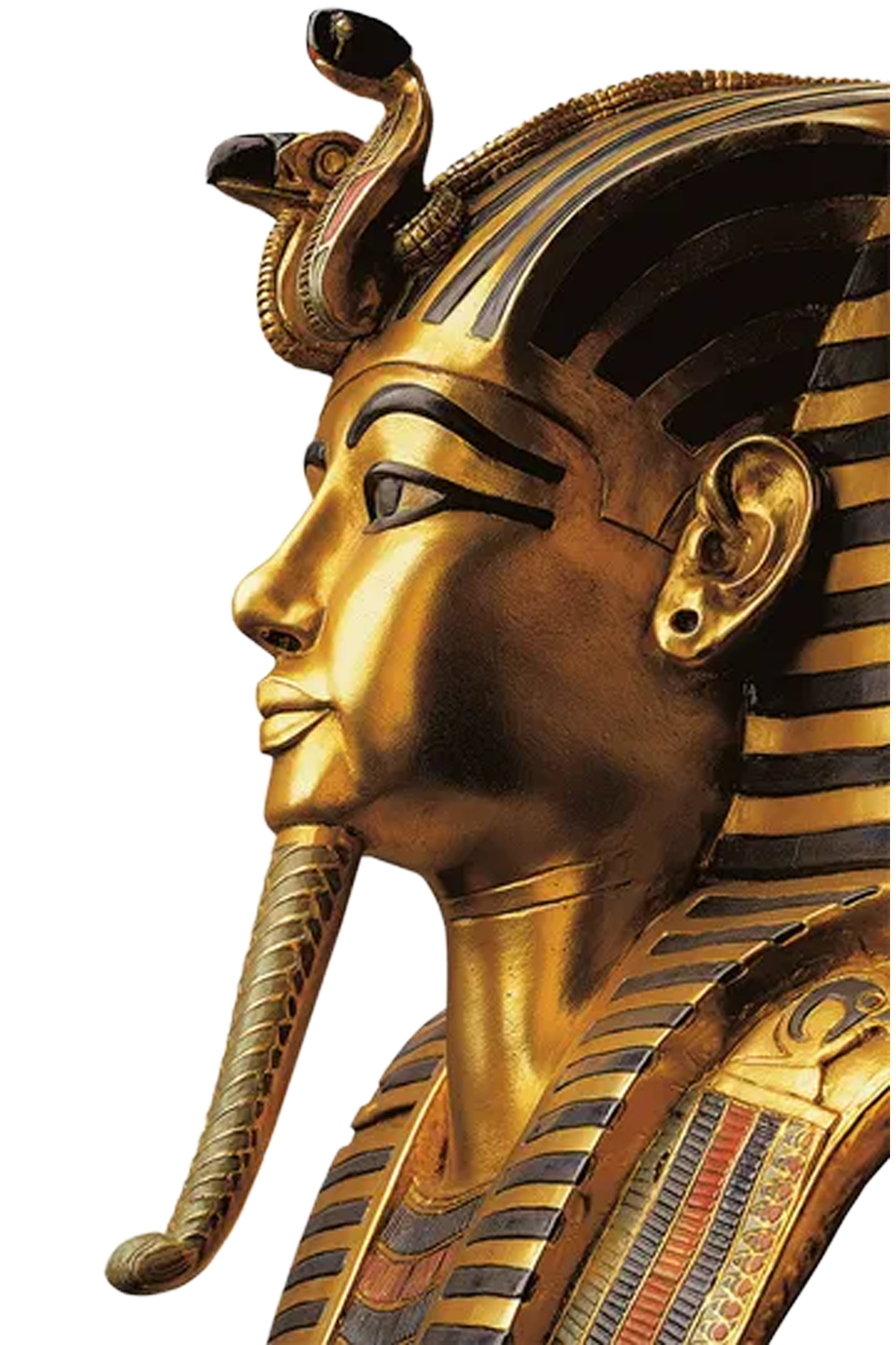 Seitenansicht der goldenen Totenmaske des altägyptischen Pharaos Tutanchamun mit aufwändigen Details und einem gestreiften Nemes-Kopfschmuck mit einer Kobra und einem Geier.