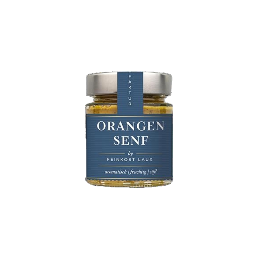 Glasgefäß mit Orangen Senf mit dunkelblauem Etikett und silbernem Deckel.