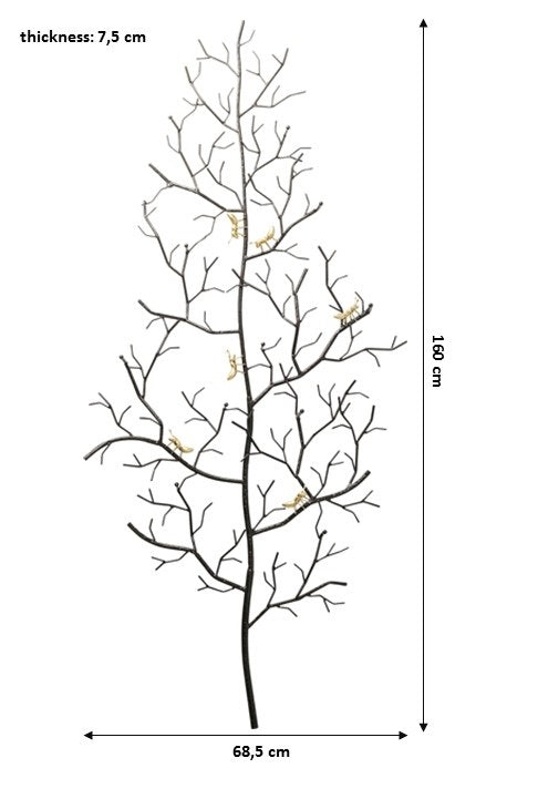 Wandbild eines schwarzen Astes, 160 cm hoch und 68,5 cm breit, mit 7,5 cm Dicke, weißer Hintergrund.