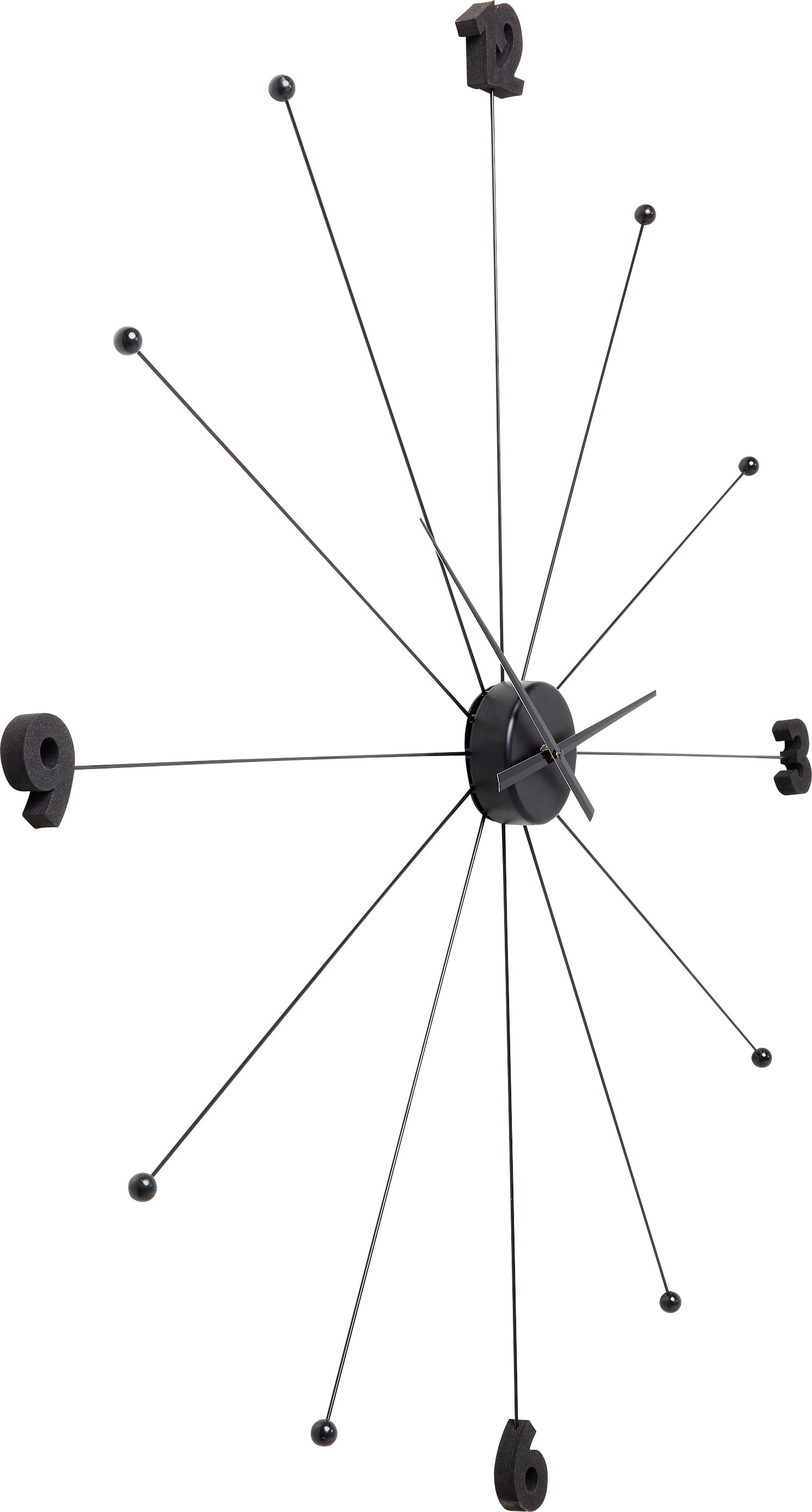 Minimalistische Wanduhr mit nur den Zahlen 3, 6, 9 und 12 auf langen, dünnen Metallspeichen.