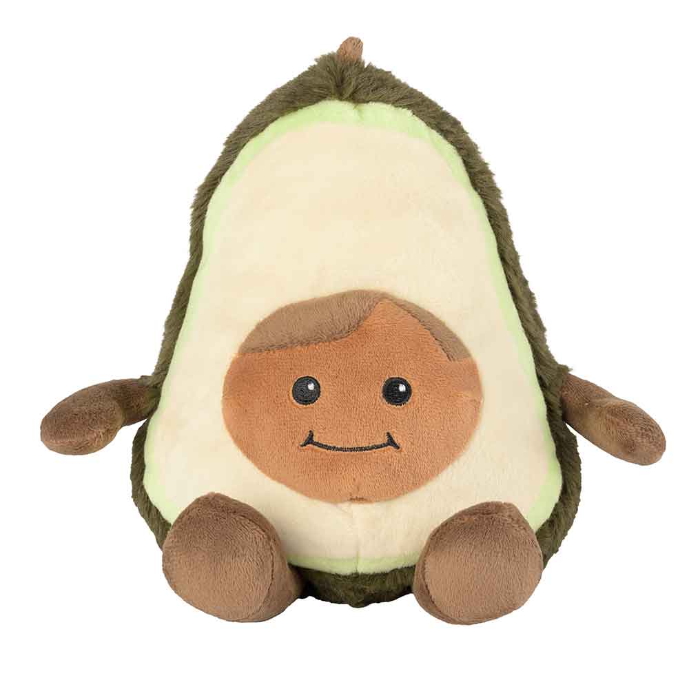 Plüschtier Avocado mit lächelndem Gesicht, braunem Kern und ausgestreckten Armen und Beinen.