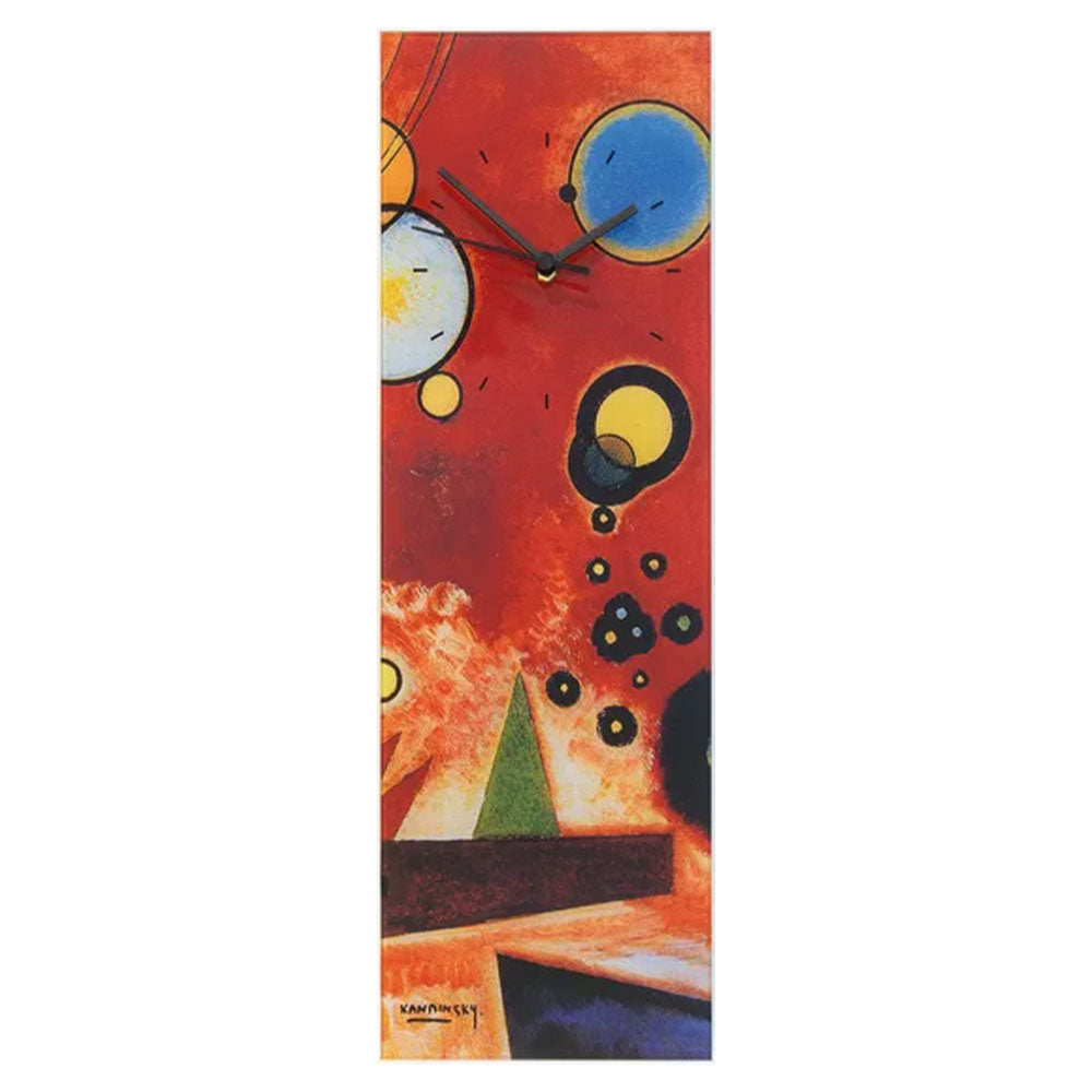 Rechteckige Wanduhr mit dem Namen Wassily Kandinsky: Wanduhr „Schweres Rot“ mit abstrakter geometrischer Kunst in leuchtendem Rot, Gelb und Blau.
