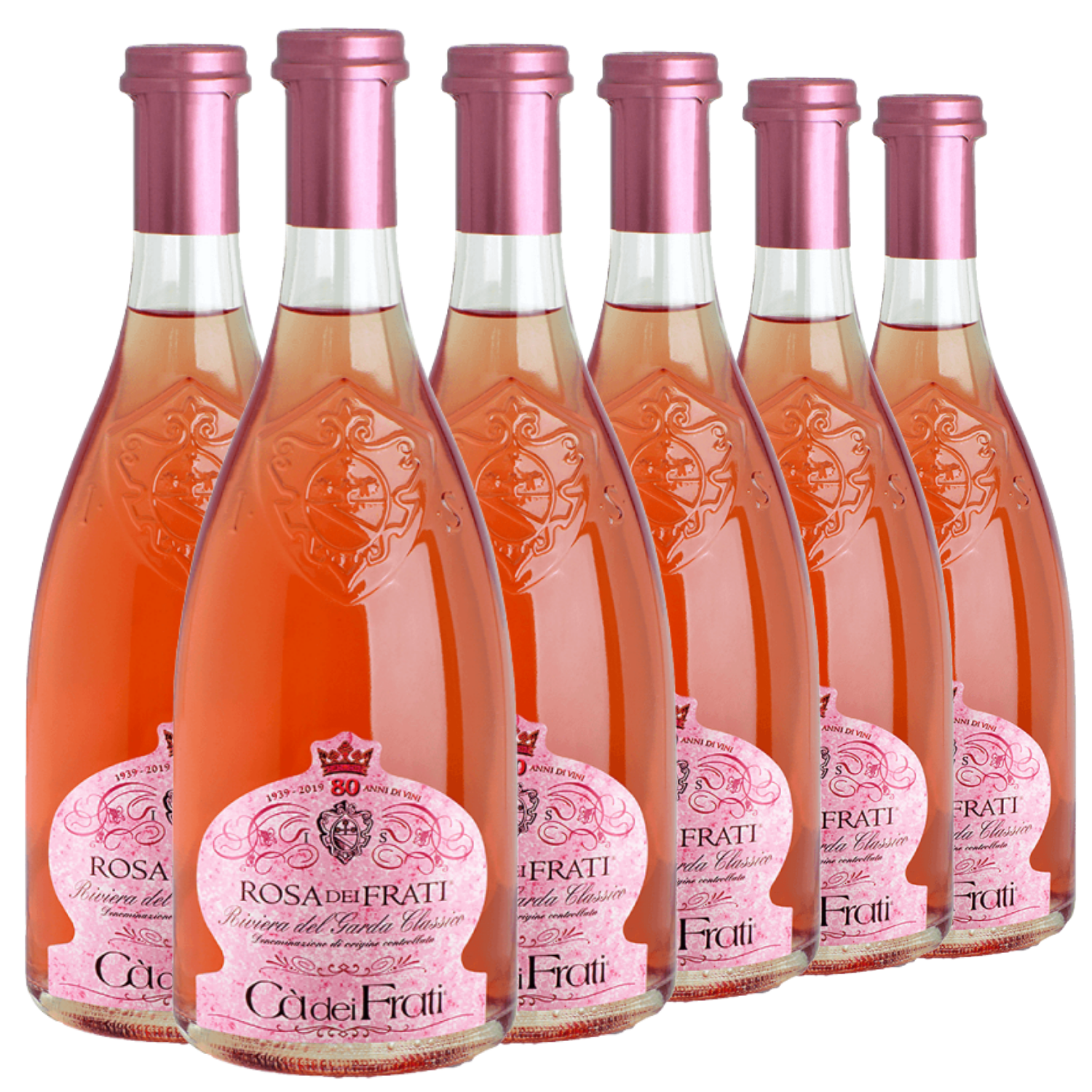 Sechs Flaschen Cà dei Frati Rosa dei Frati Roséwein mit rosafarbenen Etiketten und rosafarbenen Metallverschlüssen.