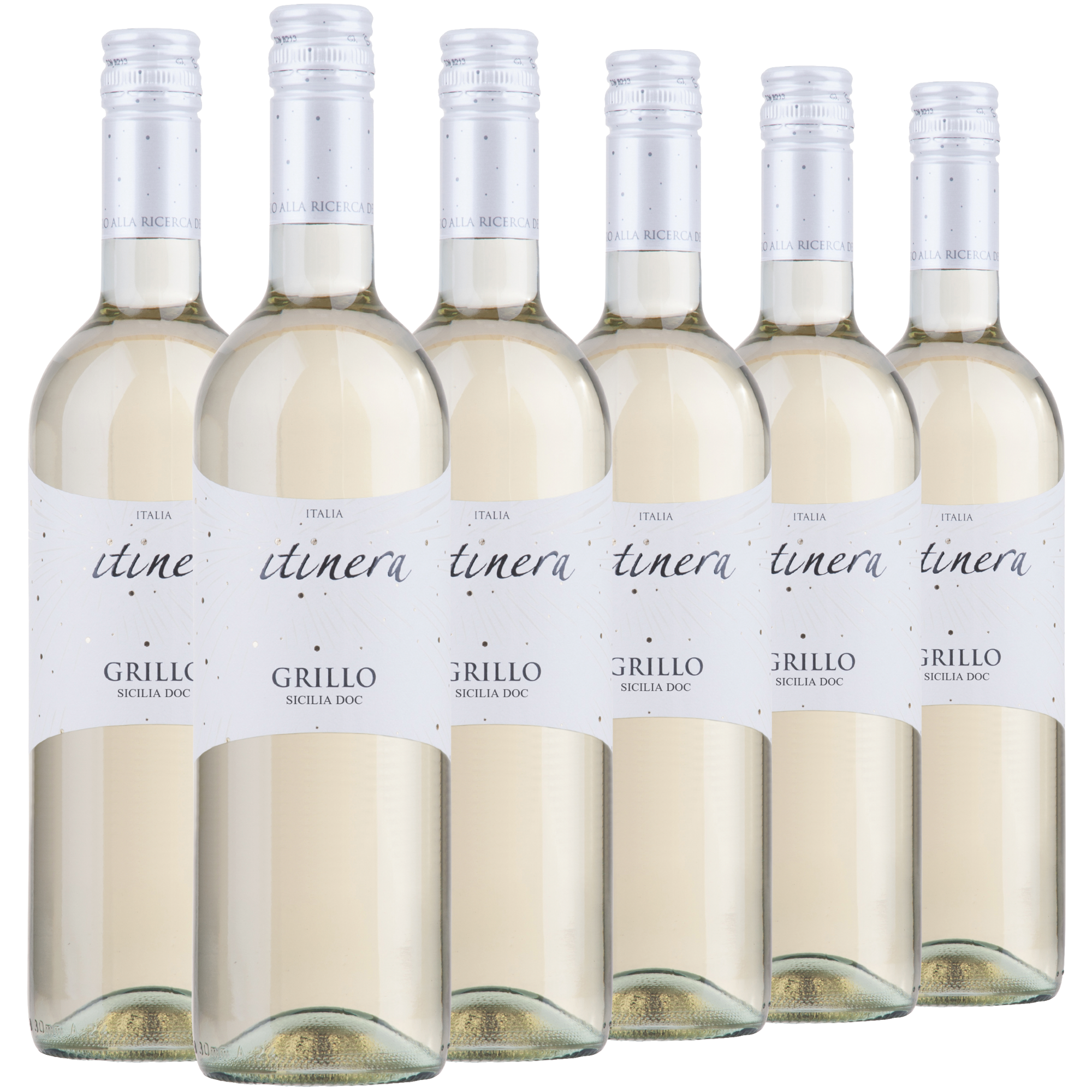 Sechs Flaschen „Itinera Grillo Sicilia DOC“-Weißwein sind in zwei Reihen angeordnet, wobei die Etiketten und Schraubverschlüsse vor einem weißen Hintergrund zu sehen sind.