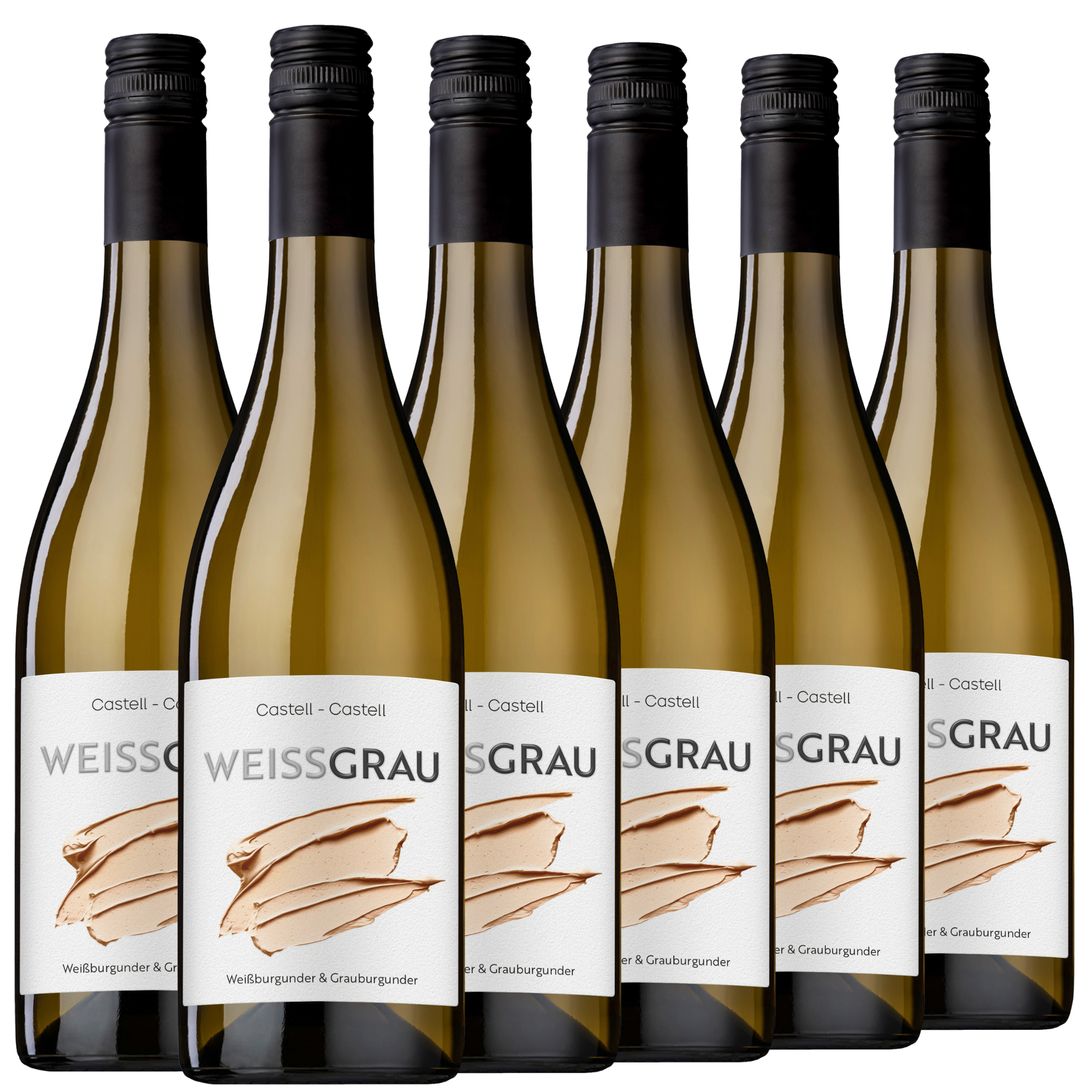 Sechs Flaschen Weissgrau-Wein sind in zwei Reihen angeordnet, jede mit einem weissen Etikett und einem schwarzen Verschluss, die vor einem schlichten Hintergrund stehen.