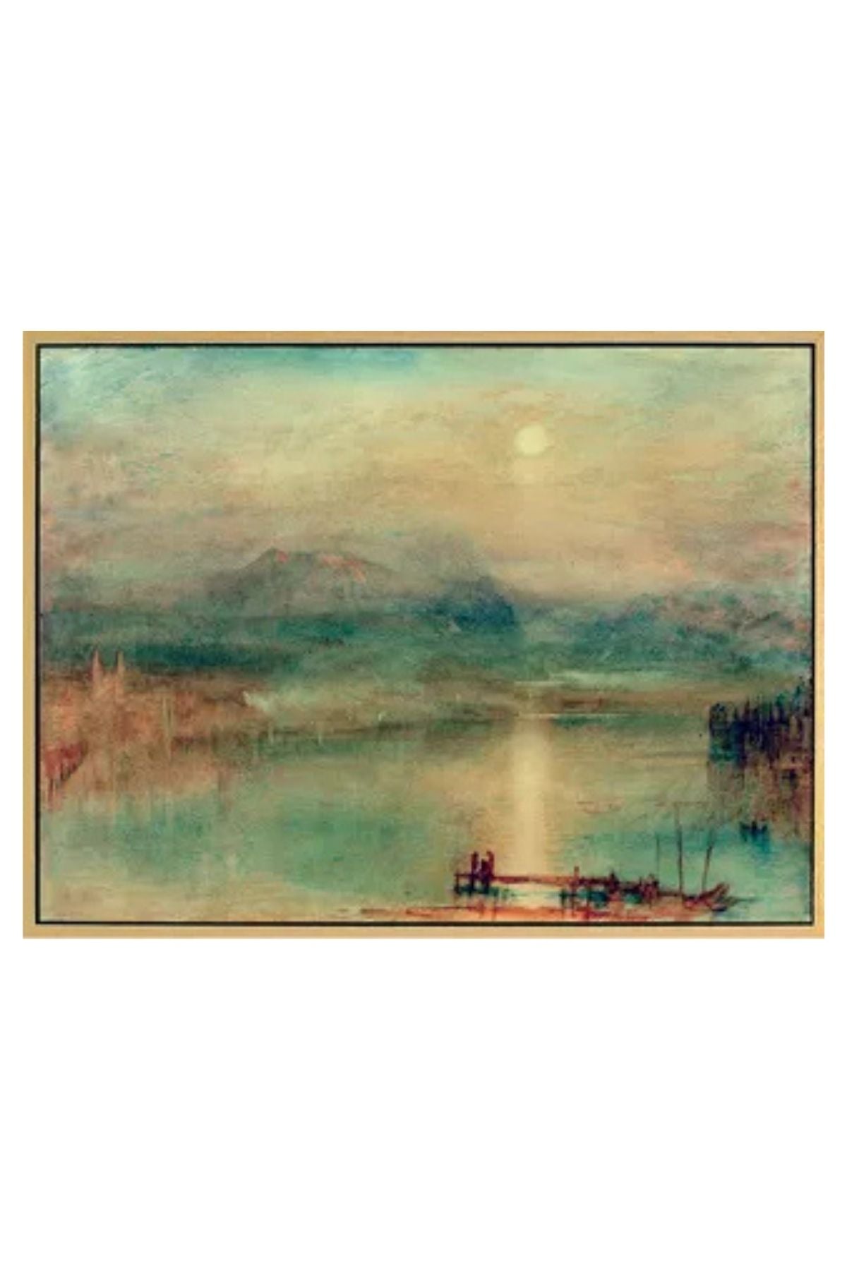 Ein dunstiges Landschaftsgemälde zeigt einen ruhigen See mit kleinen Booten und Figuren im Vordergrund, entfernte Berge und eine blasse Sonne oder einen blassen Mond am Himmel.