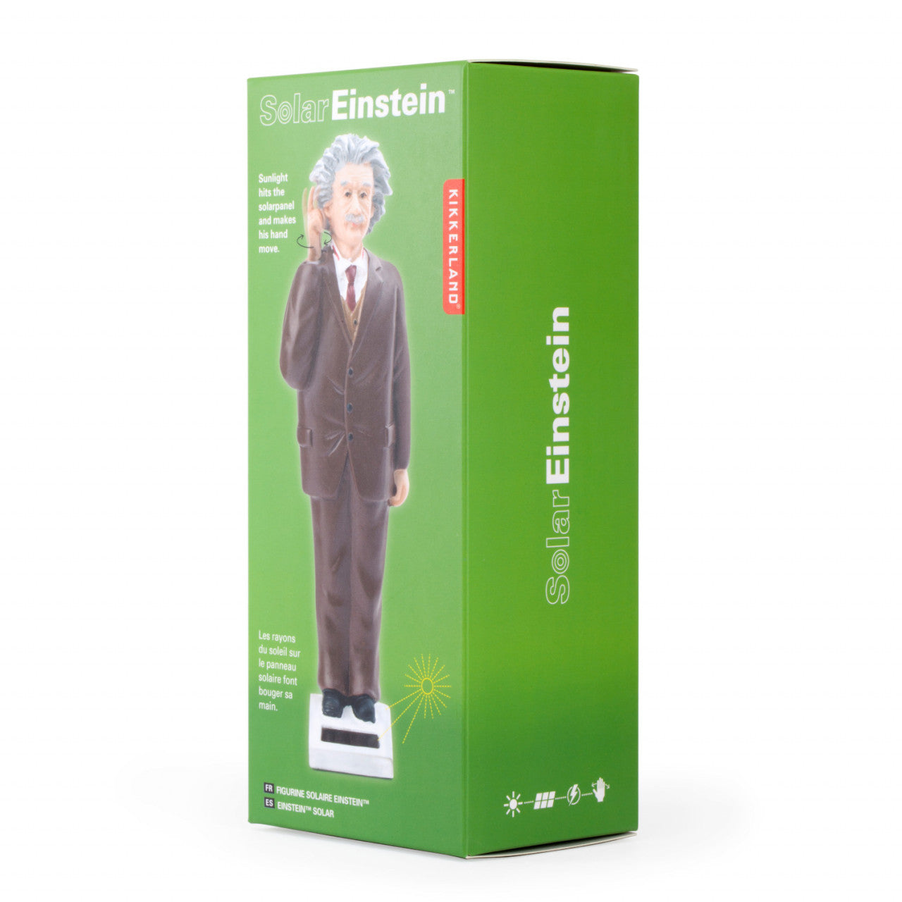 Grüne Box mit „Dekofigur Einstein mit Solarantrieb“: eine Einstein-Figur im Anzug, angetrieben durch Solarenergie, mit Produktinformationen auf der Verpackung.
