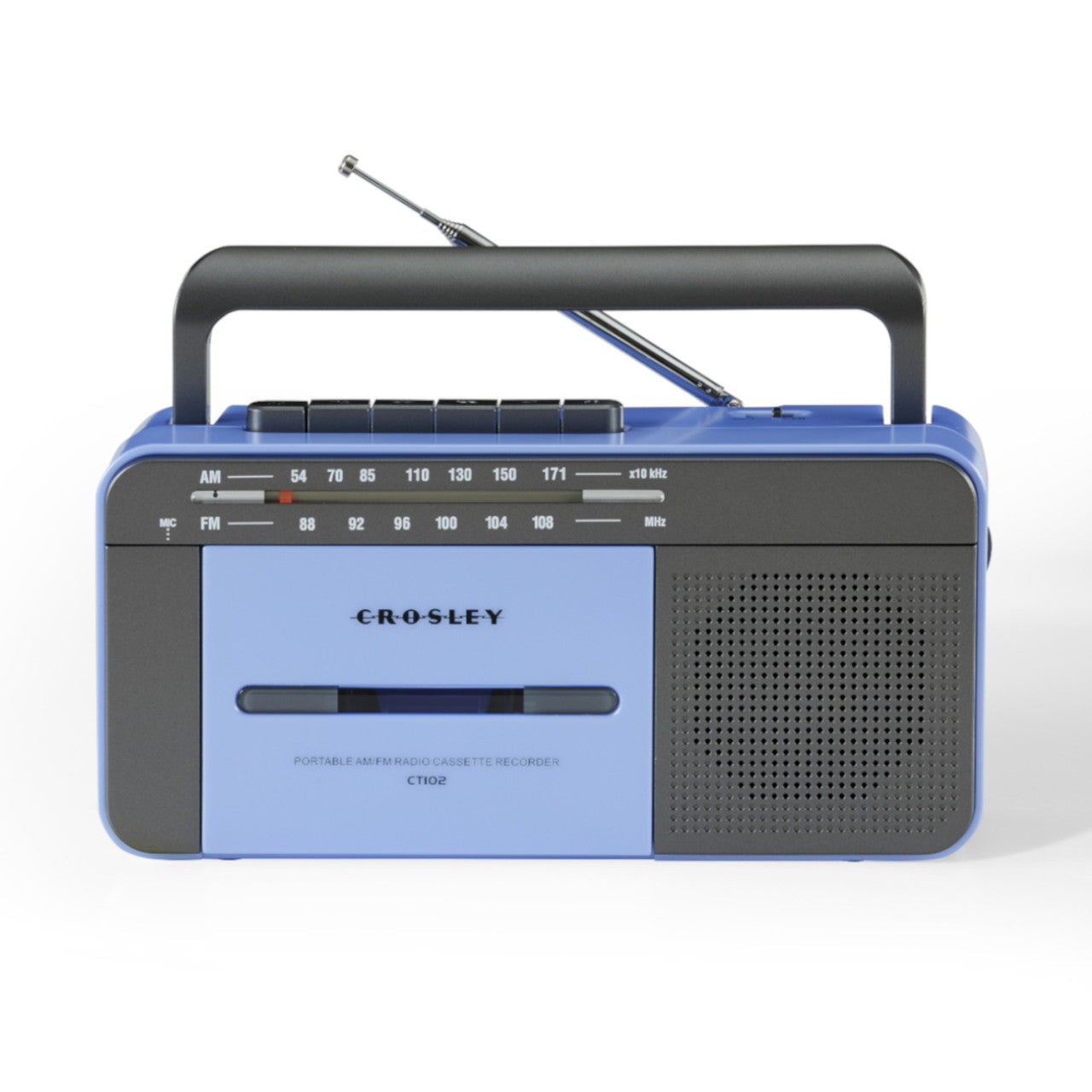 Ein blau/grauer tragbarer Radio-Kassettenspieler von Crosley mit Griff und ausziehbarer Antenne.