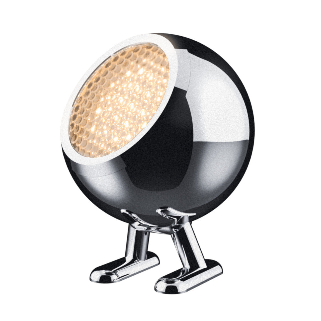 Die LED-Lampe NORBITT 2.0 verfügt über ein rundes Chrom-Finish mit einer wabenförmigen Netzfront und steht auf zwei abgewinkelten Beinen.
