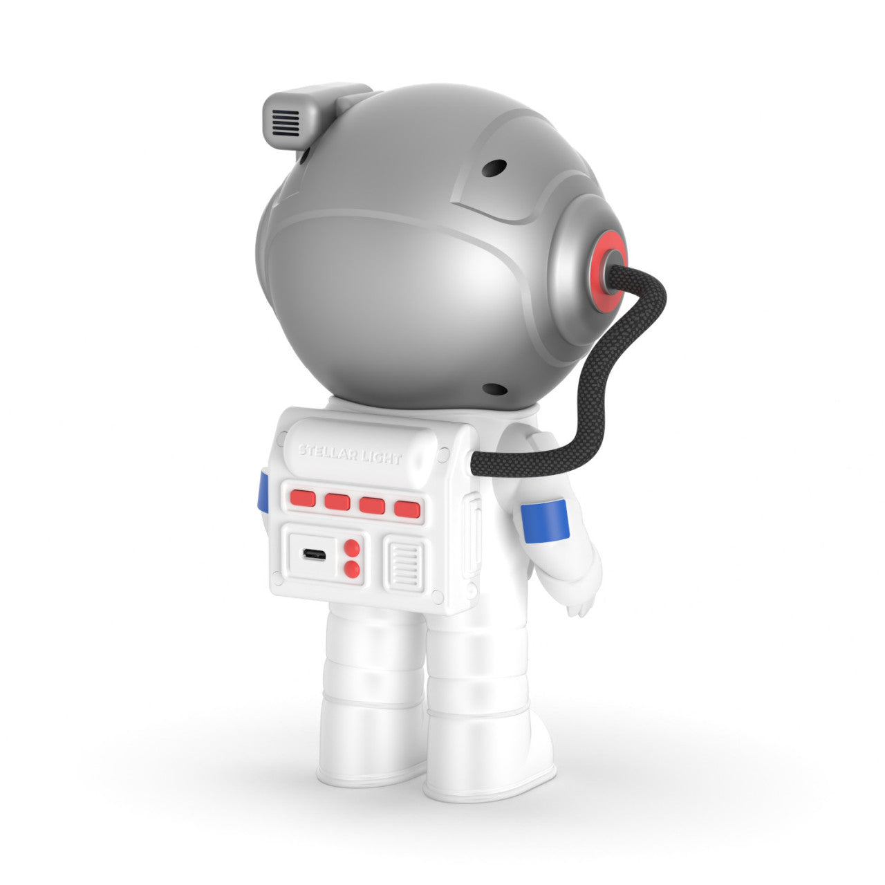 Ein Cartoon-Astronaut in weißem Anzug und Helm mit Rucksack und schwarzem Schlauch, mit dem Gesicht abgewandt, aus „Stellar Light – Der neue Milchstraßen-Projektor“.