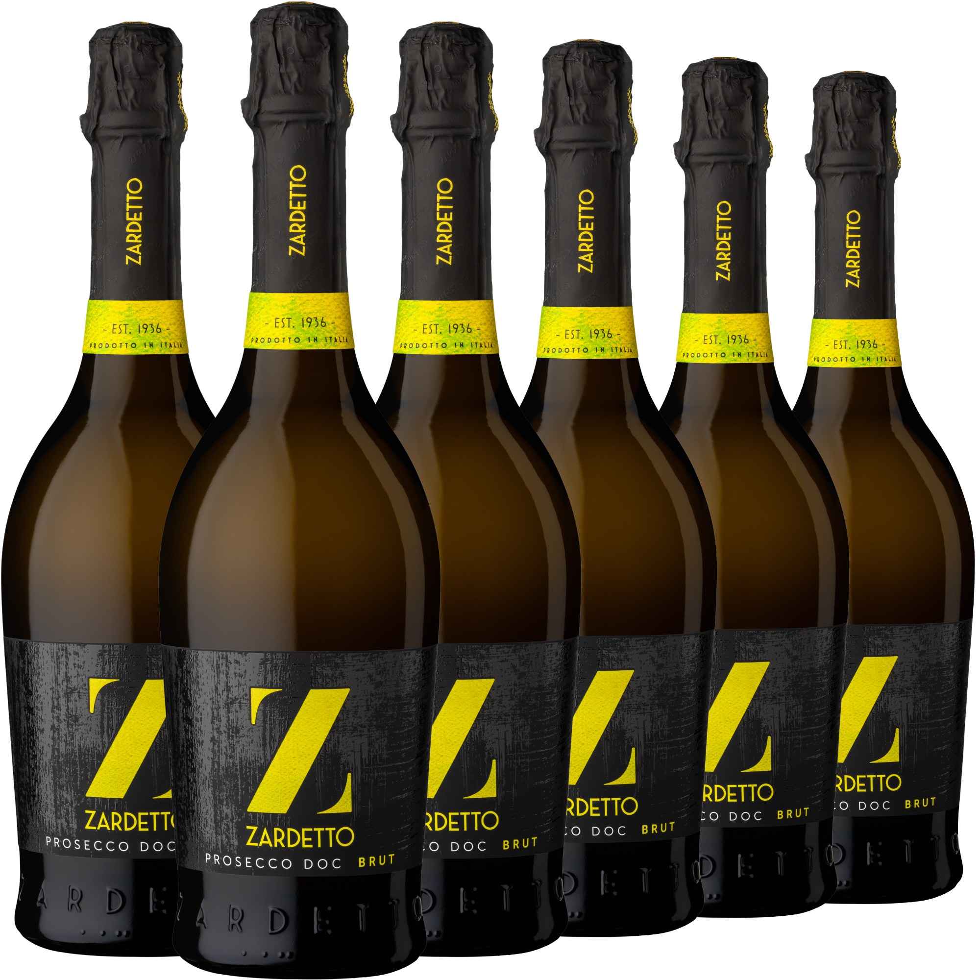 Sechs Flaschen Zardetto Prosecco DOC Brut sind in zwei Reihen angeordnet, alle mit schwarzen Etiketten mit einem großen gelben Z und gelben Verschlüssen versehen.