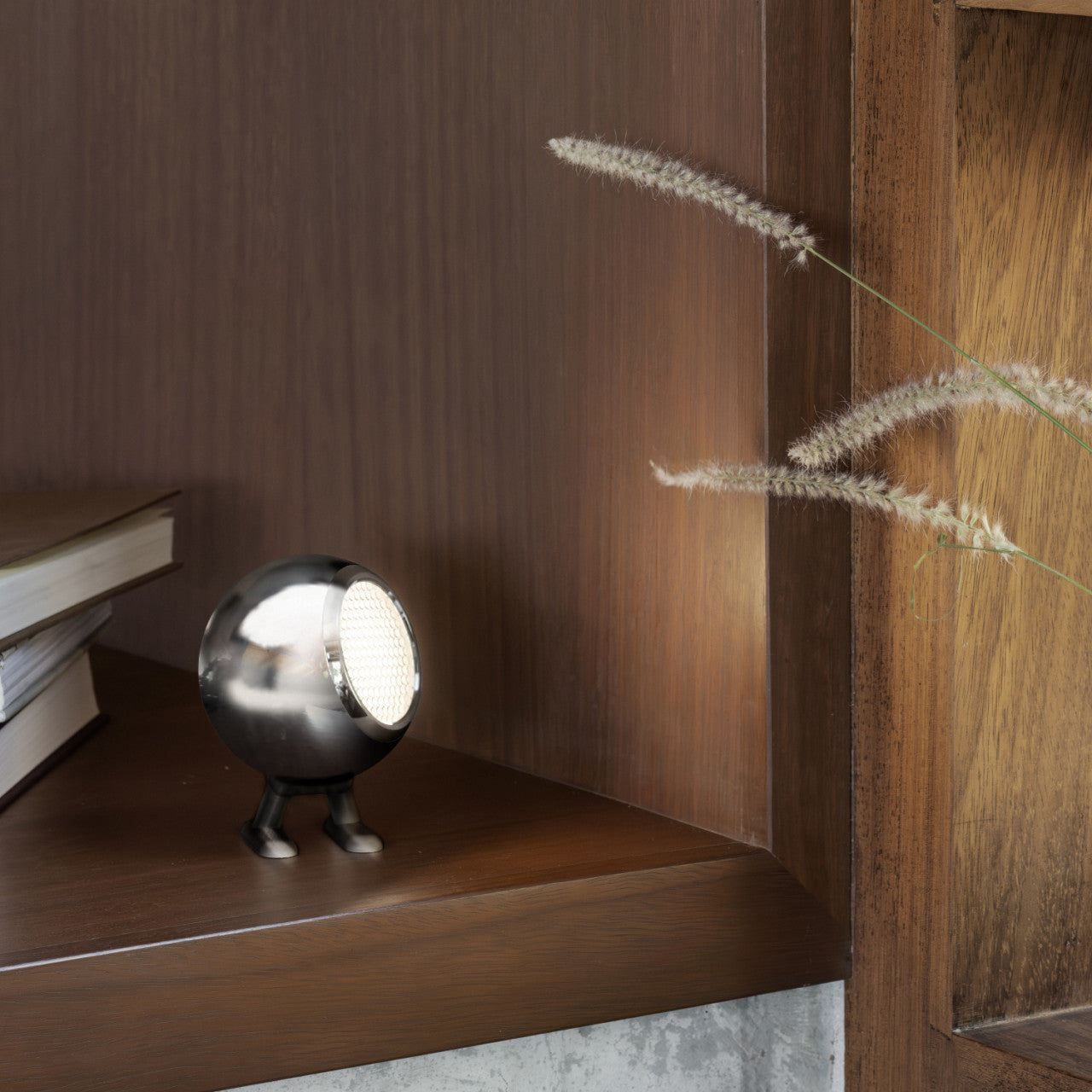 Die LED Lampe NORBITT 2.0, eine kleine, runde Metalllampe mit Standbeinen, steht auf einem Holzregal neben Büchern und Pampasgras.