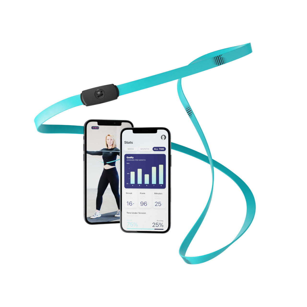Das Smartes Fitnessband STRAFFR mit App – mittel liegt neben zwei Smartphones, auf deren Bildschirmen eine Workout-App und Trainingsstatistiken angezeigt werden.