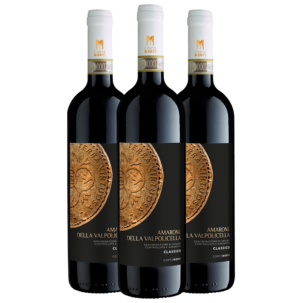 Drei Flaschen Amarone della Valpolicella Classico Rotwein mit schwarzen Etiketten und goldenem Münzmotiv.