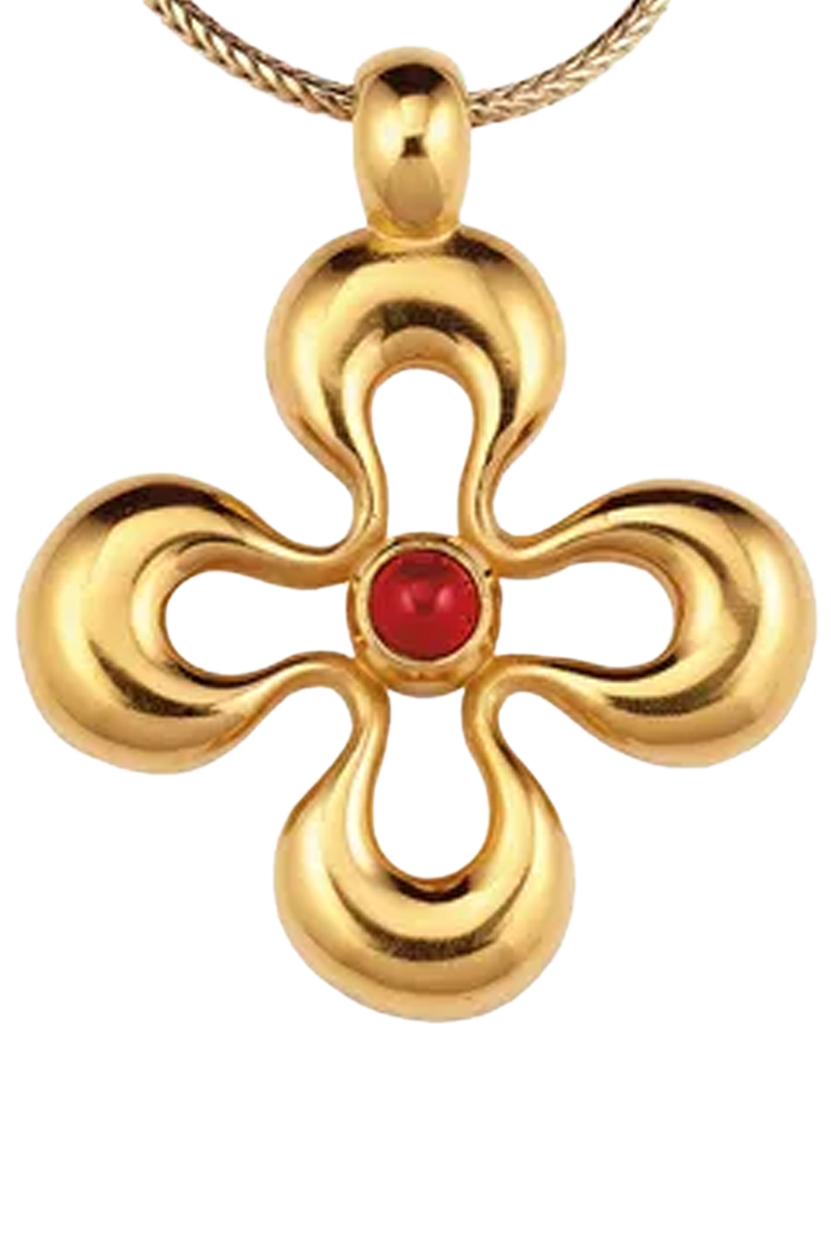Das Bild zeigt das Collier mit einem Anhänger in Form einer Blume und einem heilbringendem Granat als Glücksstein in der Mitte.