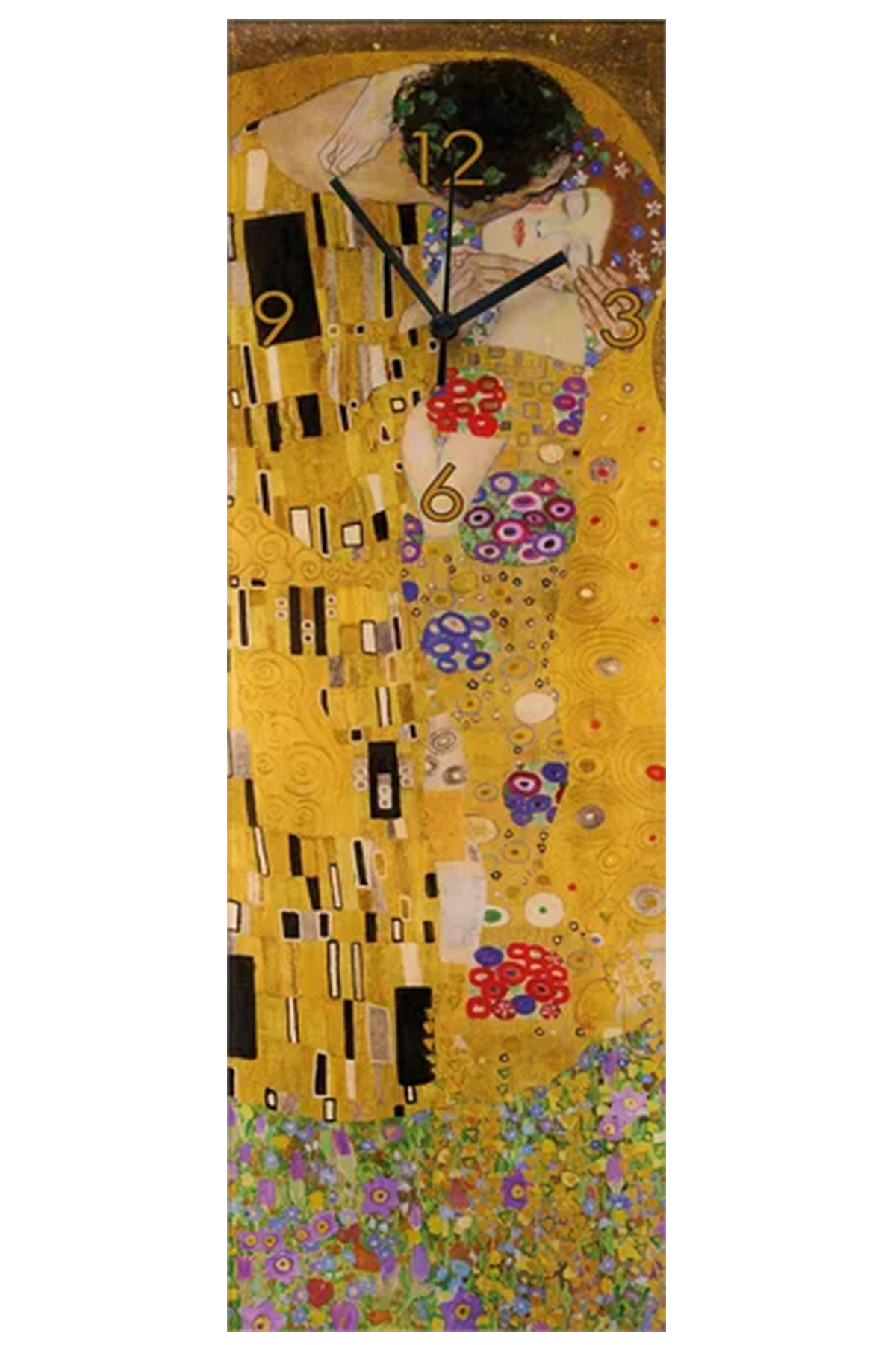 Die Gustav Klimt-Wanduhr „Der Kuss“ zeigt die ikonische Umarmung aus „Der Kuss“ vor einem goldenen, floralen Hintergrund.