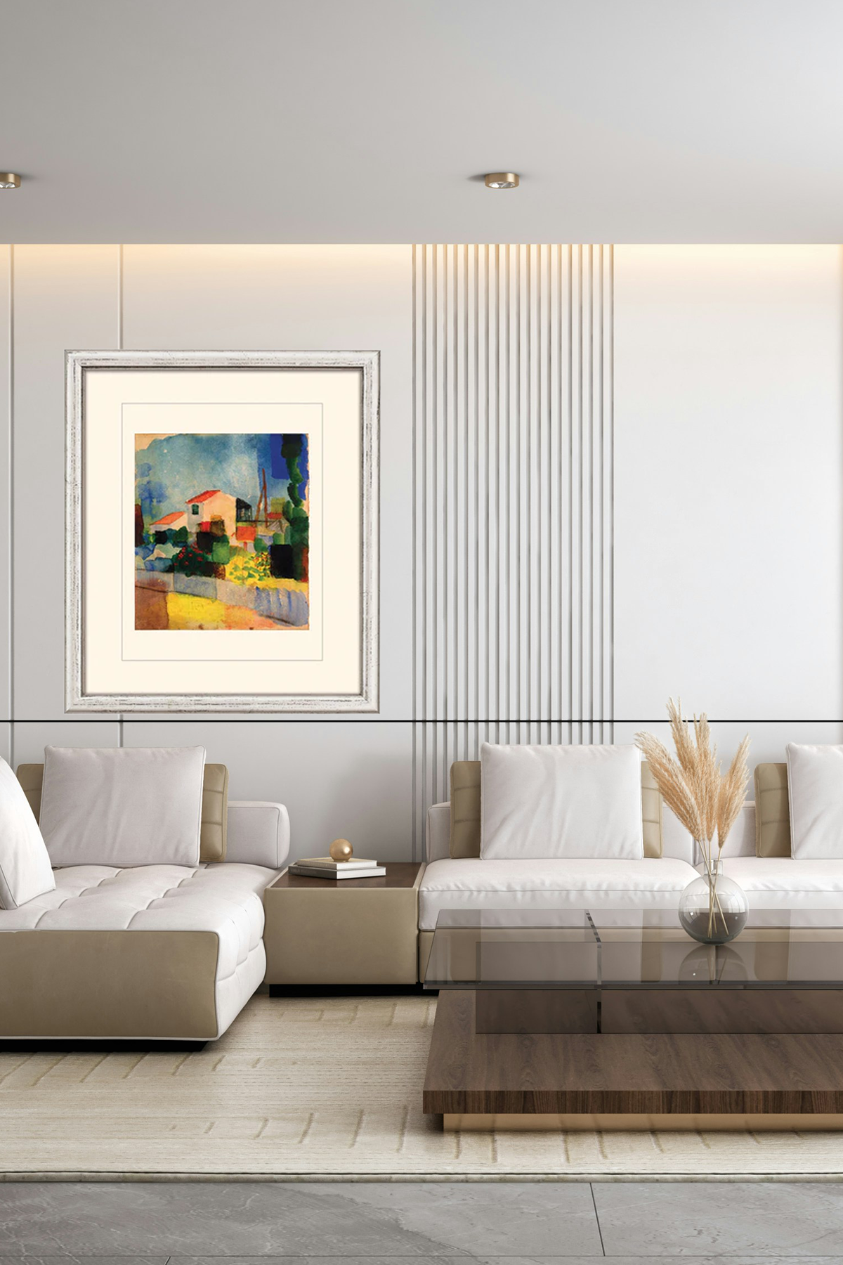 Gerahmtes abstraktes Gemälde eines Hauses mit rotem Dach, umgeben von Grün und einem Garten, unter blauem Himmel, auf weißem Hintergrund in einem modernen Wohnzimmer an der Wand hängend.