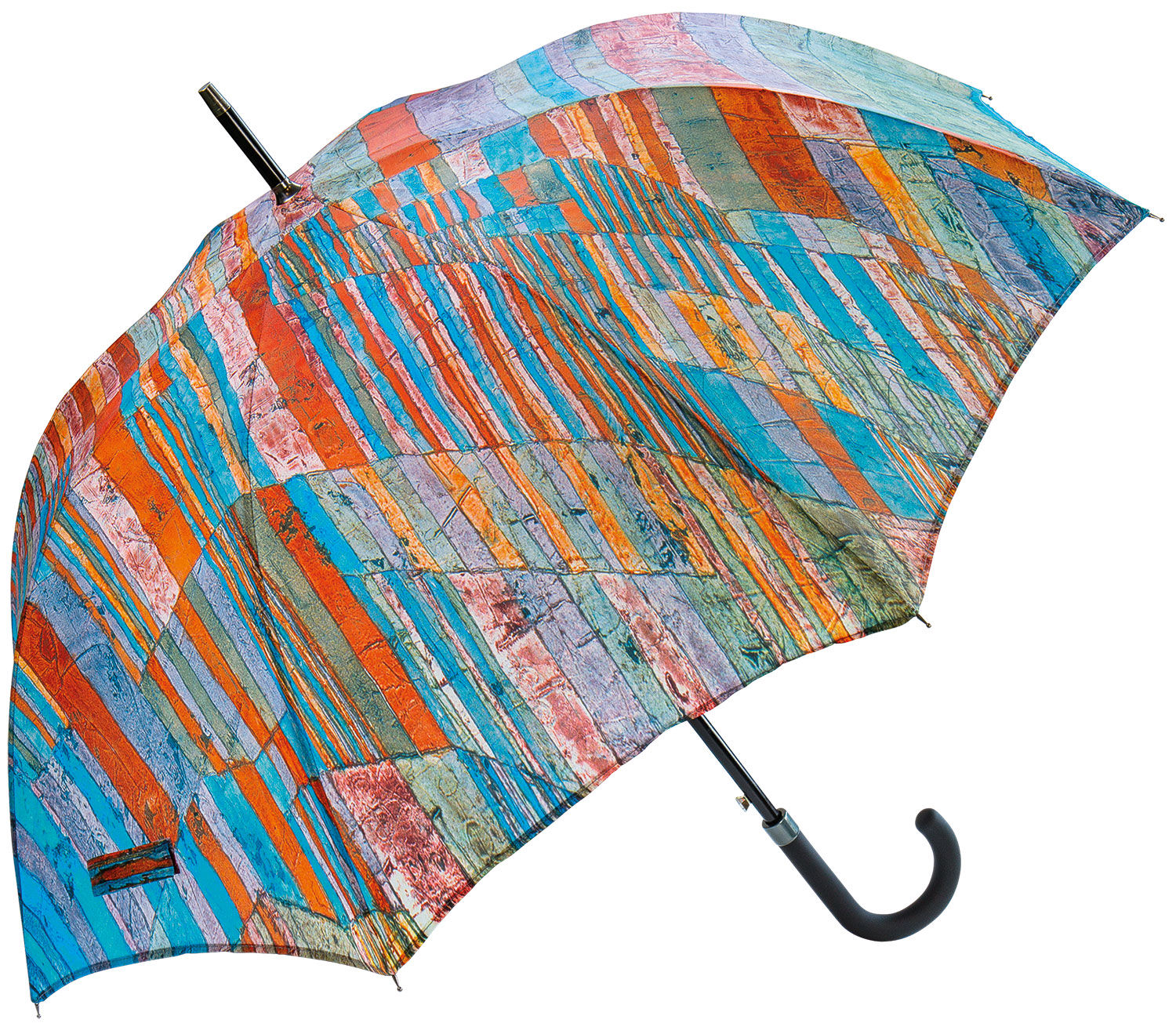 Offener Regenschirm mit buntem, abstraktem Streifenmuster und schwarzem, gebogenem Griff.
