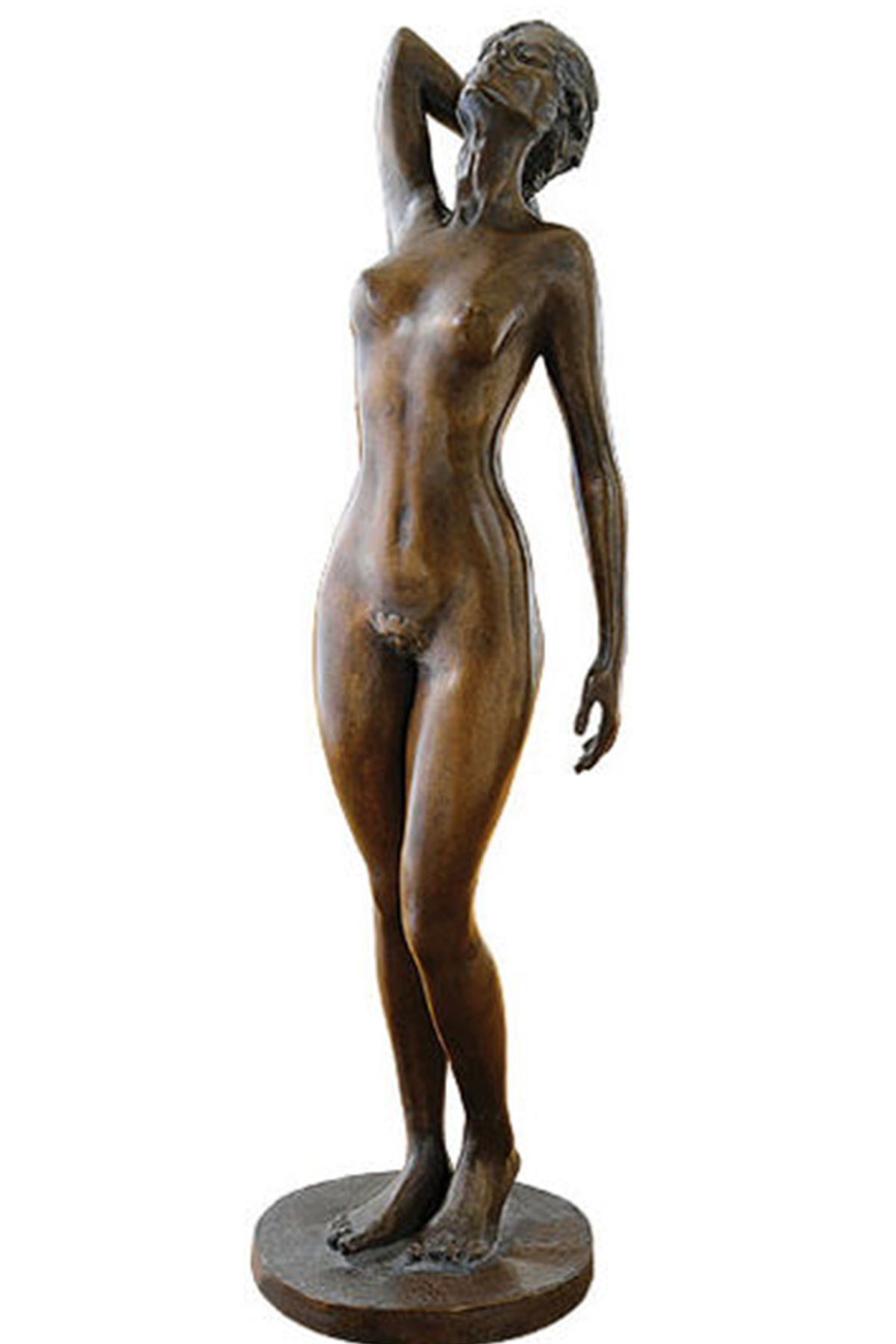 Bronzeskulptur einer nackten Frau, die mit einem hinter dem Kopf erhobenen Arm auf einem runden Sockel steht.