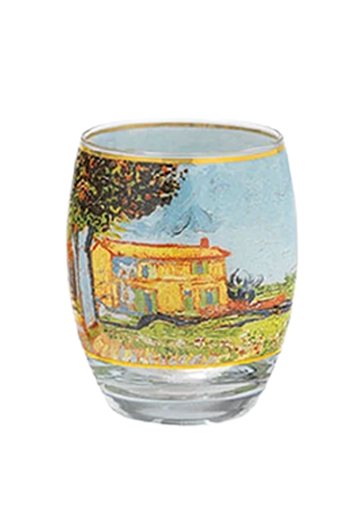 Teelichtglas mit Motiv von Vincent van Goghs "Allee bei Arles mit Häusern" (1888)