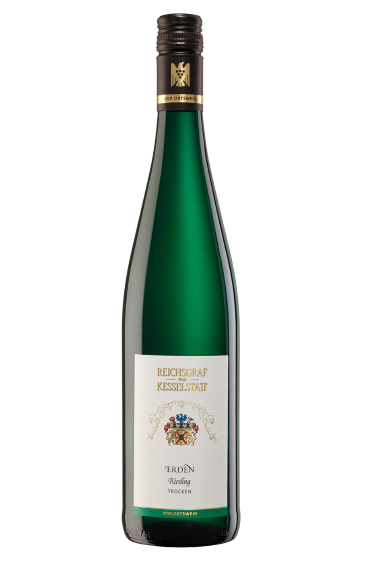 Eine grüne Flasche Reichsgraf von Kesselstatt Erden Riesling Trocken mit weißem Etikett und Goldfolie am Hals.