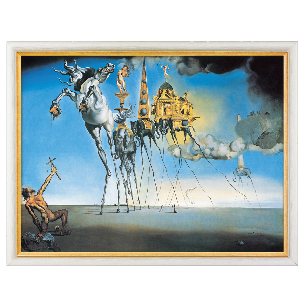 Surreales Gemälde von dünnbeinigen Elefanten, die Strukturen tragen, mit einer knienden Figur, die im Vordergrund ein Kreuz hält.