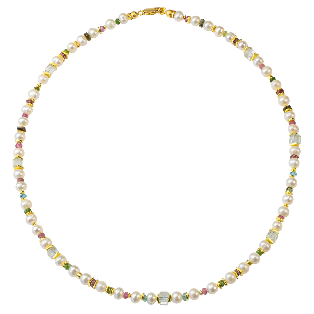Eine Perlenkette mit Perlen und bunten Edelsteinen, abgerundet mit einem goldenen Verschluss.