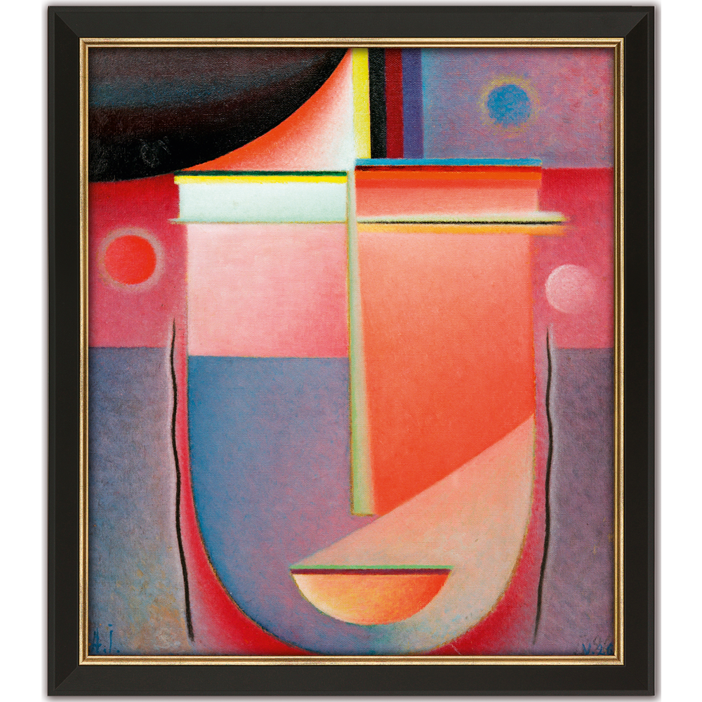 Abstraktes Gemälde eines Gesichts mit geometrischen Formen in Rosa-, Rot-, Lila-, Gelb- und Blautönen, schwarz gerahmt.