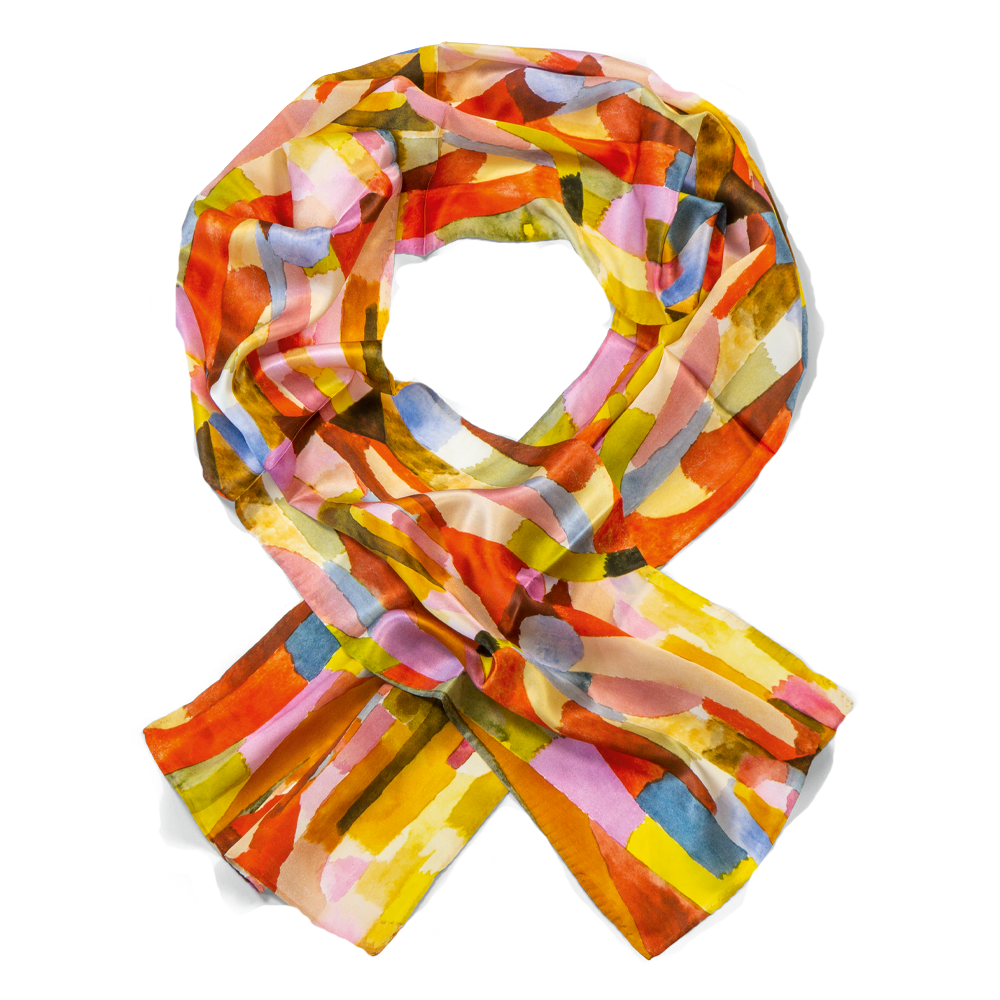 Farbenfroher, transparenter Schal mit abstrakten, gemalten Mustern in Rot-, Gelb-, Orange-, Blau- und Rosatönen.