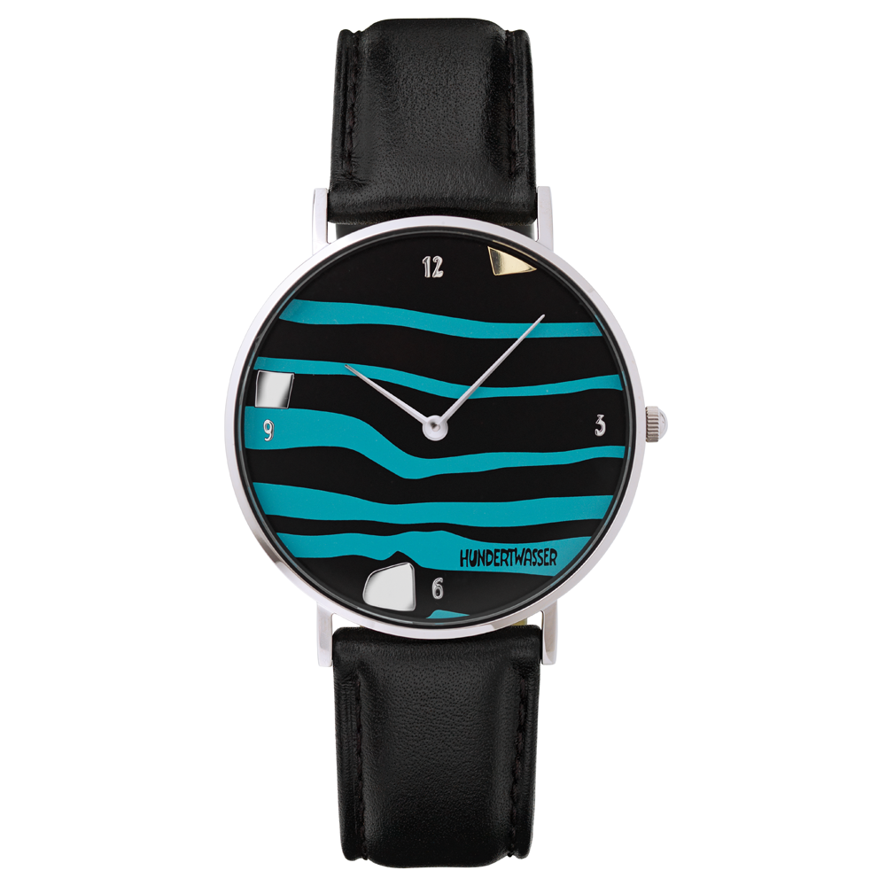 Armbanduhr mit schwarzem Lederarmband, schwarzem Zifferblatt, blauen Wellenlinien und silbernen Stundenmarkierungen bei 3, 6, 9 und 12.