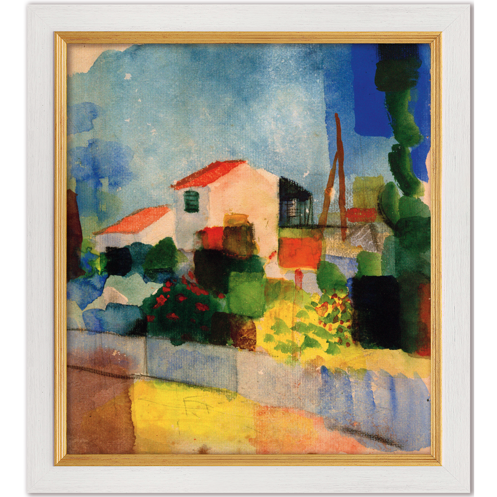 Farbenfrohes abstraktes Gemälde eines Hauses mit rotem Dach, viel Grün und blauem Himmel, gerahmt in Weiß und Gold.