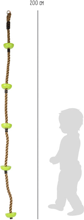 Das Kletterseil Himmelsstürmer ist ein 200 cm langes Kletterseil mit grünen Stufen, neben dem zum Größenvergleich die Silhouette eines Kindes abgebildet ist.